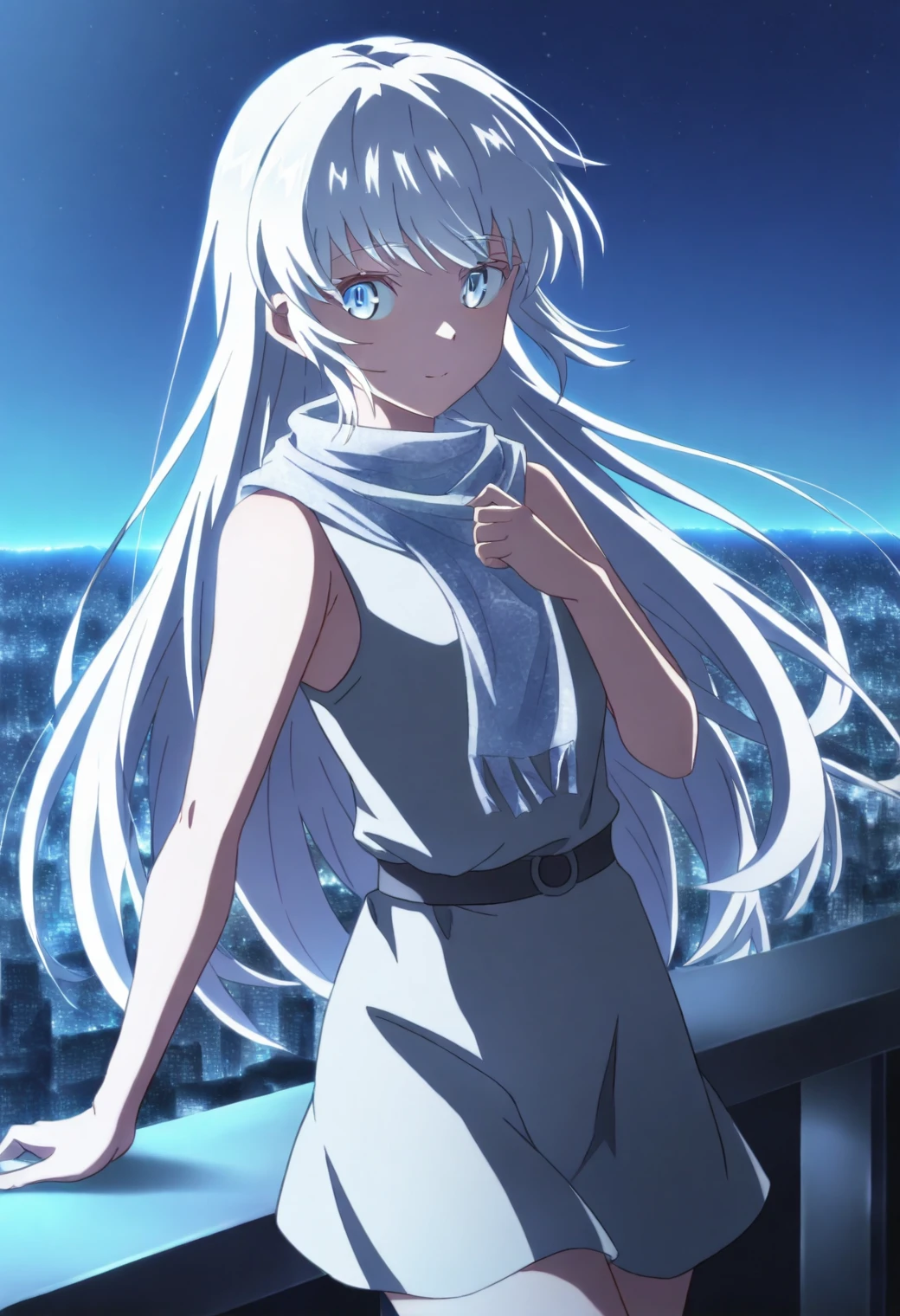 <lora:Dia Viekone - [The Worlds Finest Assassin] - illustriousXL v1:1>, sysdeep_dia, long hair, white hair, blue eyes, anime coloring, 1girl, solo, silk scarf, on balcony, overlooking city lights, late evening mood