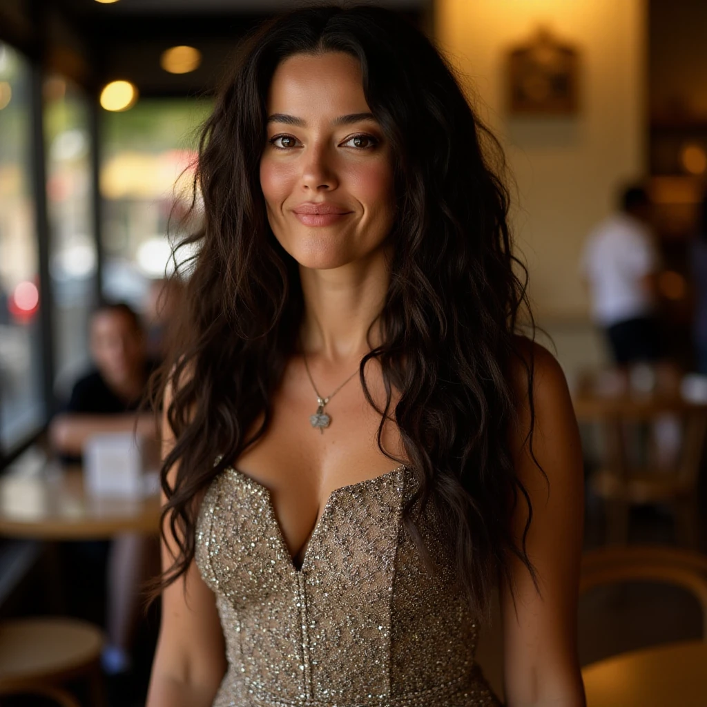 highly detailed image of a woman with long dark hair in loose curls, wearing a bottleneck dress standing in a cafe smiling at the viewer.  <lora:Pelin Akil:1>