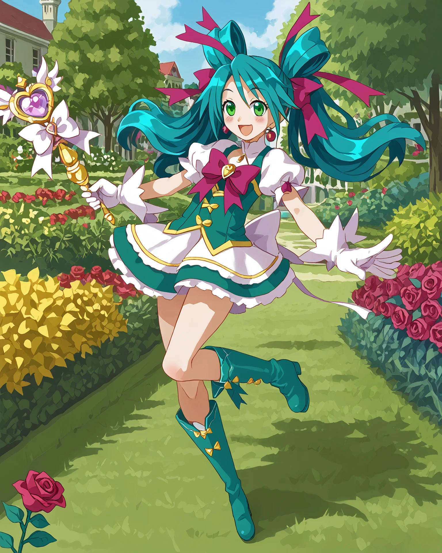 1girl, magal, teal hair, green eyes, standing on one leg, holding magal staff, boots, happy, ribbons, very detailed clothing, magal clothing, glittering roses, jacquard fabric, garden, rose bushes, masterpiece, highest quality, absurdres, digital art, very detailed, score_9, score_8_up, score_7_up,  <lora:MagicalGirl_XL:1.1>,  <lora:harada_takehito_PDXL:1> harada takehito