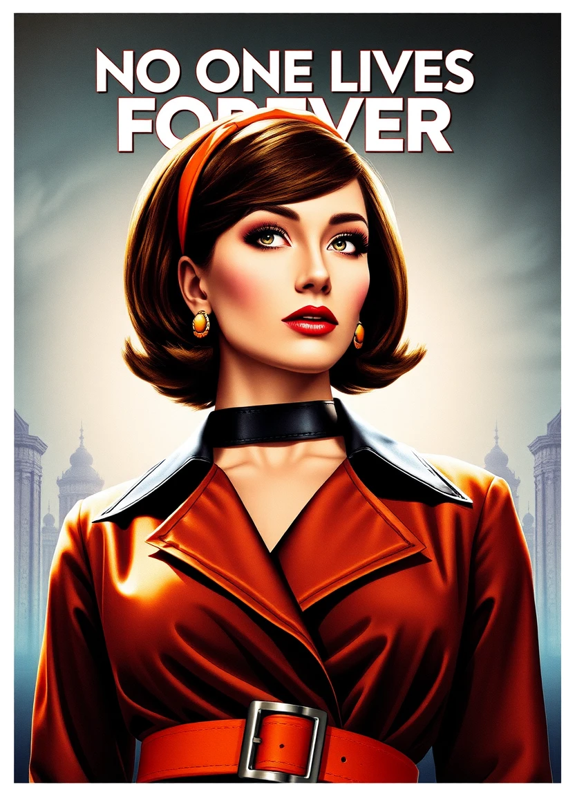 cinematic movie poster with the title "No One Lives Forever"
nolfcatearcher, 1girl, short hair, brown hair, jewelry, hairband, choker, belt, makeup, lipstick, orange hairband, black and orange trenchcoat, 1960s style, abstract background, backlight, realistic, 