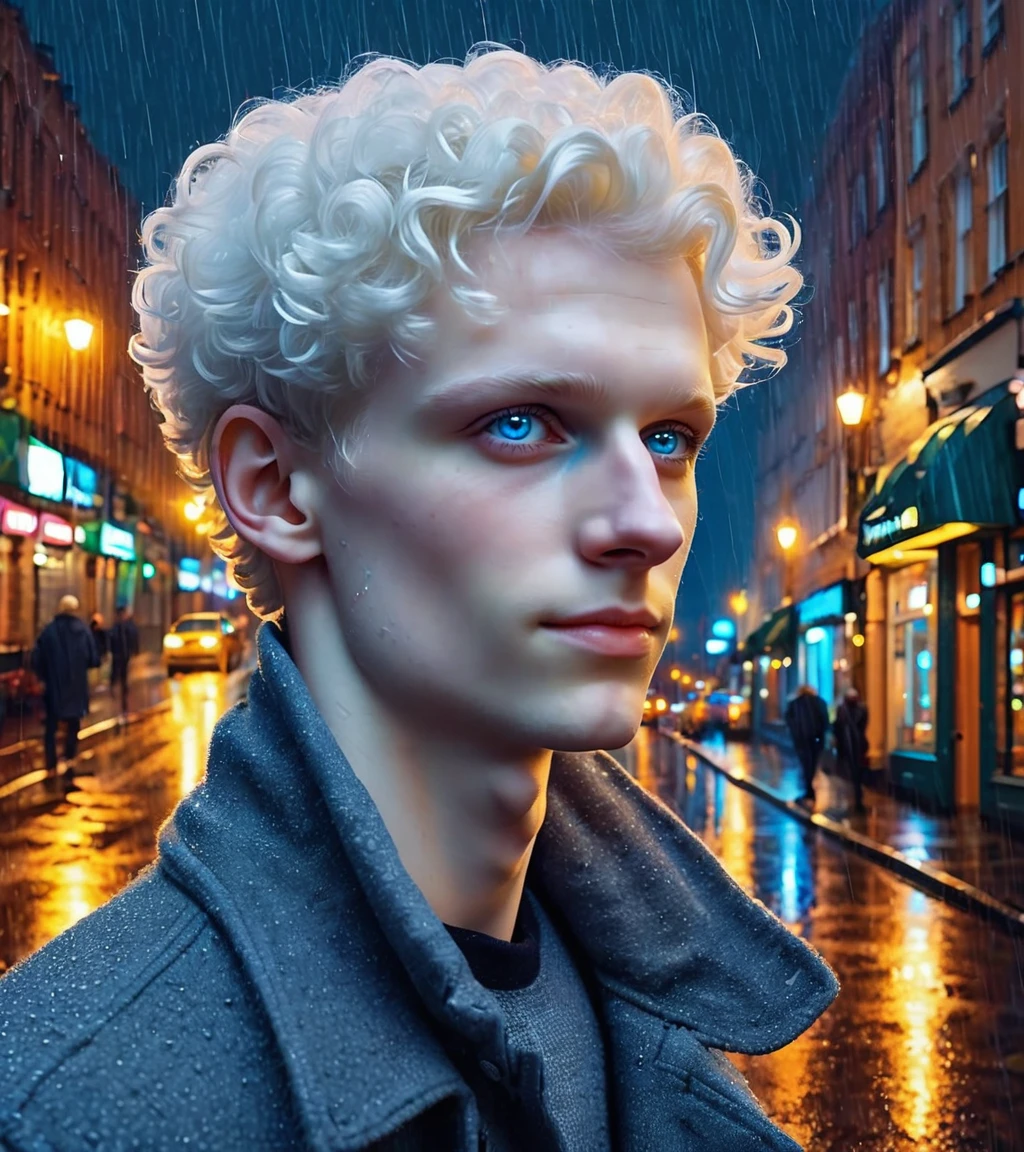 <lora:FemcloudSDXL:0.78>, a femcloud young man, pale skin, short hair, city, night, warm colors, rain, autumn, close up, ((real photo)), (professional photo), (intricate colors)