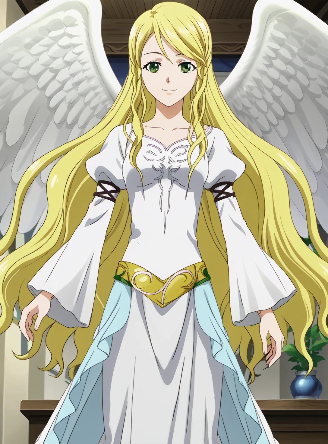 score_anime,1girl, solo,official art,official style,source_anime,anime screencap,anime coloring,megami magazine,anime,animated,
Leanne, long hair, wings,white dress,
indoors, looking at viewer, standing, cowboy shot,smile, <lora:Leanne_pony_0.1:0.85> <lora:Anime_Screencap:0.85>