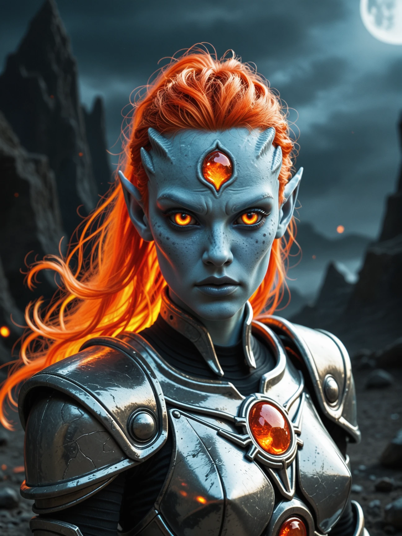 (Alien female:1.6), warrior, armored, metallic, fiery red hair, intense, eyes, (orange gem forehead), freckles, dark, background, ethereal, mysterious, fierce, pale blue skin, elven ears