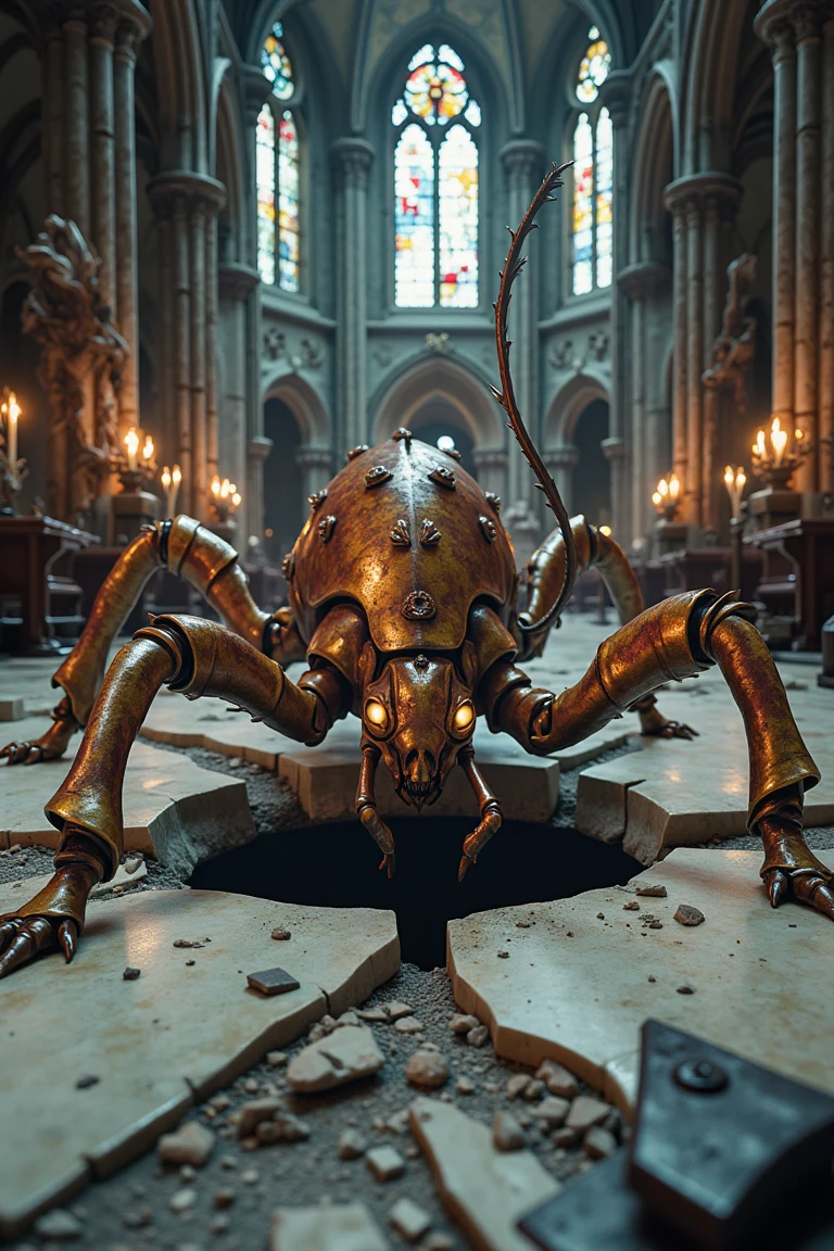 A rust monster emerging from a jagged hole in the cracked marble floor of a grand gothic cathedral. The creature's metallic, rust-covered body contrasts sharply with the cathedral's ornate, towering arches and stained glass windows casting colorful, ethereal light. The shot is wide, capturing the monster's menacing yet majestic presence as it rises, antennae twitching, amidst shattered stone and dust. The composition emphasizes the cathedral's intricate details—carved statues, flickering candlelight, and shadowy corners—while the monster's glowing eyes pierce through the dim, atmospheric lighting. The scene is both eerie and awe-inspiring, blending decay with grandeur.