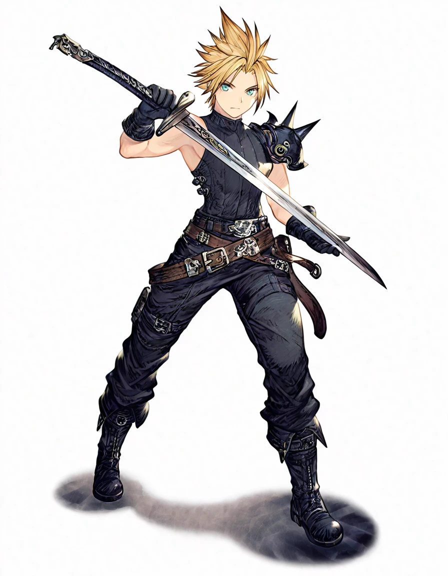 <lora:GAME_STYLE_ffbrave-000014:1>,
airbrush \(medium\),
BREAK
1boy, male focus, solo, blonde hair, spiked hair, gloves, holding sword, armor, white background, shoulder armor, black gloves, blue eyes, black footwear, full body, pants, sleeveless, boots, aqua eyes, black pants, short hair, fighting stance, shirt, belt, looking at viewer, simple background, single bare shoulder, ,masterpiece, best quality,