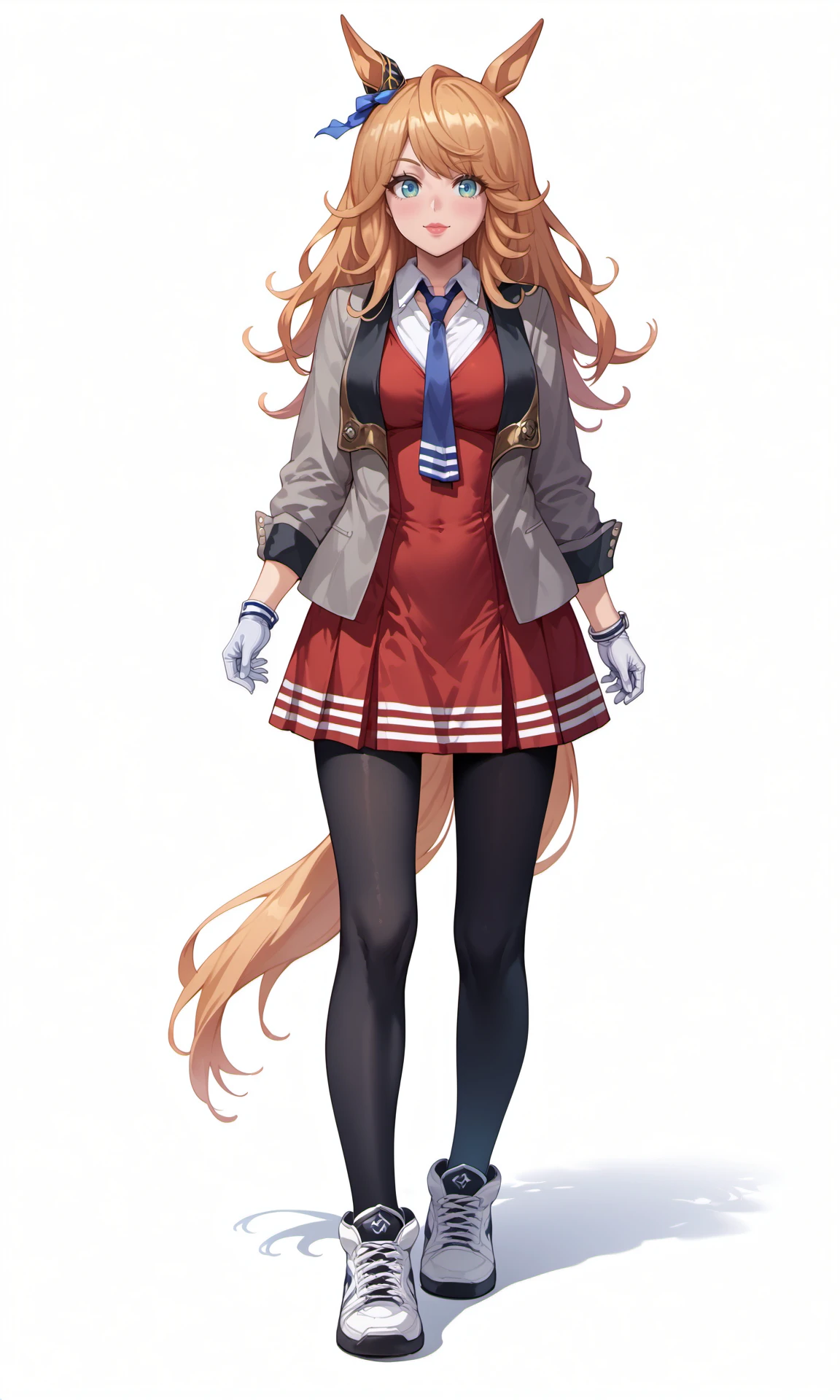 simple background,white background,GCoriginal,horse girl,grey open jacket,red dress,blue ear ornament,single white glove,blue necktie,white sneakers,black pantyhose,
score_9,score_8_up,score_7_up,game_cg,anime,source_anime,masterpiece,best quality,highres,absurdres,solo,umamusume,game cg,standing,full body,front view,from front,looking at viewer,
<lora:GoldCityPonyOriginalV1:1>,