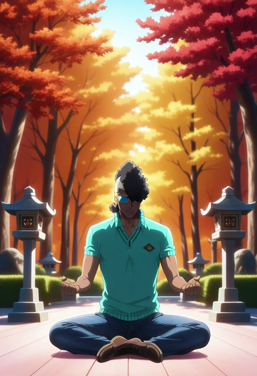 masterpiece, best quality, intricate details, anime screencap, anime coloring, official style, , , 1boy, solo, male focus, <lora:ouetsu_nimaiya_ilxl:0.96>, ouetsu_nimaiya, black hair, sunglasses, tinted eyewear, opaque glasses, , dark skin, dark-skinned male, , , zen garden, stone lanterns, koi pond, maple trees, meditation pose, tranquil expression, morning, Carpenter jeans, Polo sweater, Chelsea boots, , Blindfold