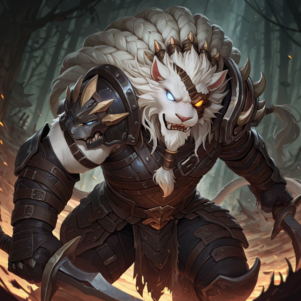 masterpiece, best quality, amazing quality, null-ghost, 1boy, solo, Rengar, Eyepatch, armor, bara, glowing eyes, holding weapon, 