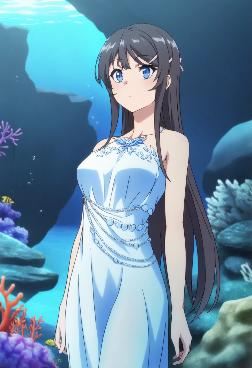 <lora:Mai Sakurajima - [Rascal Does Not Dream of Bunny Girl Senpai] - illustriousXL v1:1>, sysdeep_mai, blue eyes, black hair, long hair, hairclip, anime coloring, 1girl, solo, shimmering dress, underwater cavern, coral reef, bioluminescent glow