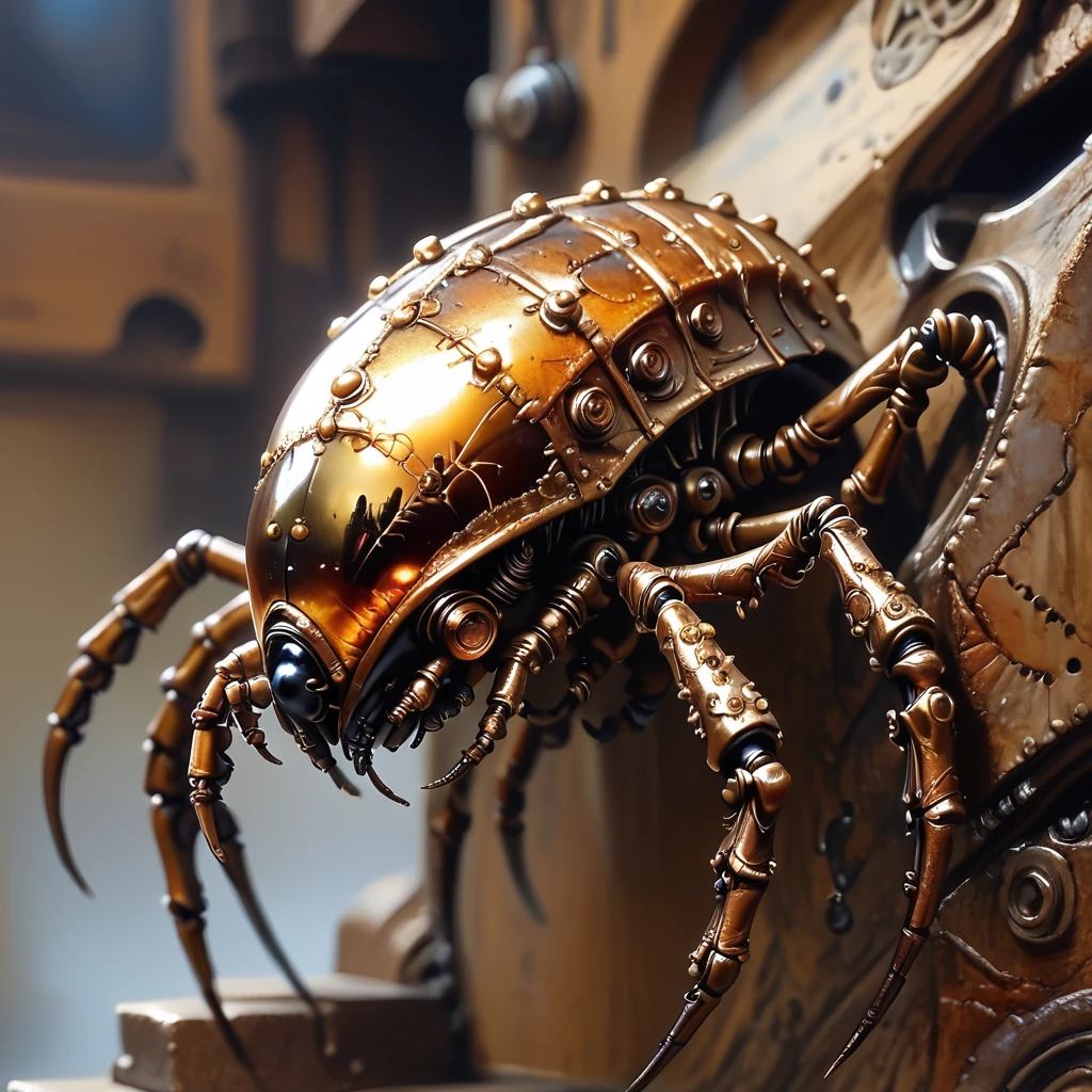 Score_9, score_8_up, score_7_up, score_6_up, BREAK <lora:Ethereal_Gothic_RenaissancePony:1> ArsMJStyle, Etherial Gothic, The image shows a close up of a metal sculpture of a spider on a wall with a painting in the background., no humans, realistic, traditional media, steampunk, bug, blurry