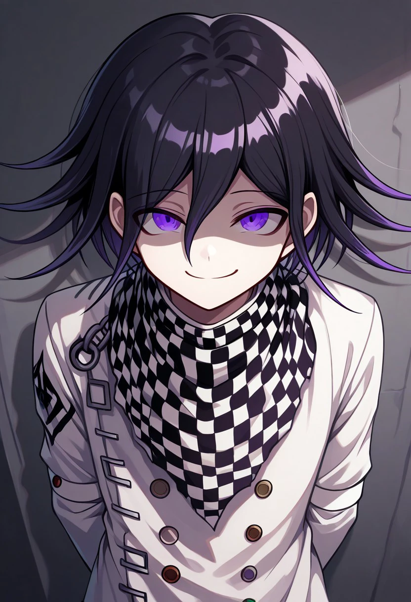 masterpiece, best quality, 
kokichi, 1boy, male focus, solo, purple eyes, black hair, purple hair, multicolored hair, medium hair, hair between eyes, bangs, jacket, straitjacket, buttons, double-breasted, white jacket, long sleeves, scarf, checkered scarf, smile, indoor, smirk, shaded face,
indoor