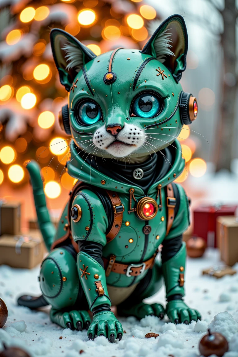 Post-Apocalyptic_Survivor,A cute and playful cat bot dressed in a festive Christmas outfit,featuring a sleek,futuristic design. The outfit showcases a stylish two-tone color scheme of vibrant green and cyan,with intricate holiday-themed patterns **** snowflakes and holly leaves subtly glowing along the edges. The cat bot's mechanical ears are adorned with small Christmas lights,and its glowing cyan eyes exude a cheerful holiday spirit. The background is a cozy,softly lit Christmas scene with a glowing tree,twinkling lights,and gently falling snowflakes.,