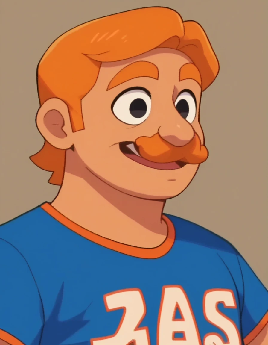 MBDGuySML, solo, brown hair, shirt, 1boy, upper body, male focus, black eyes, blue shirt, clothes sportswear, mustache, jersey, orange mustache, orange hair, tan skin, horror, screencap