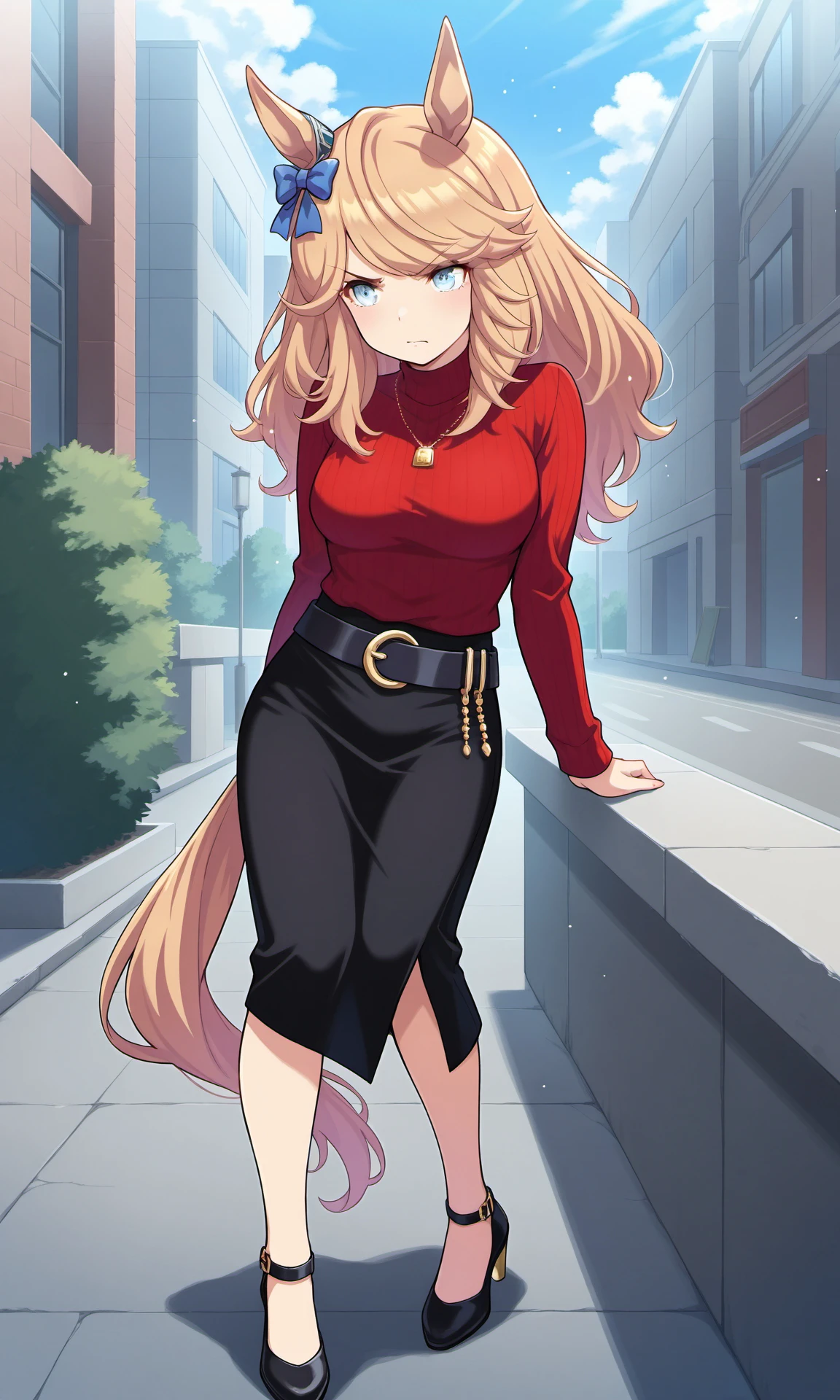 GCcasual,horse girl,short red ribbed turtleneck,black pencil skirt,black belt,black high heels,blue ear ornament,necklace,
light particles,angry,annoyed,outdoors,
masterpiece,best quality,highres,absurdres,1girl,solo,umamusume,game cg,<lora:GoldCityILCasualV1:1>,