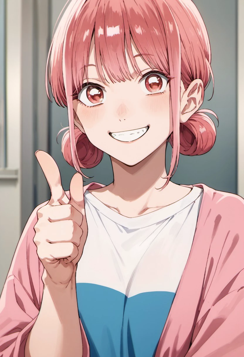score_9, score_8_up, score_7_up, source_anime, chono hina, pink hair, pink eyes, hair bun, 1girl, solo, thumbs up, :3, double bun, looking at viewer, smile