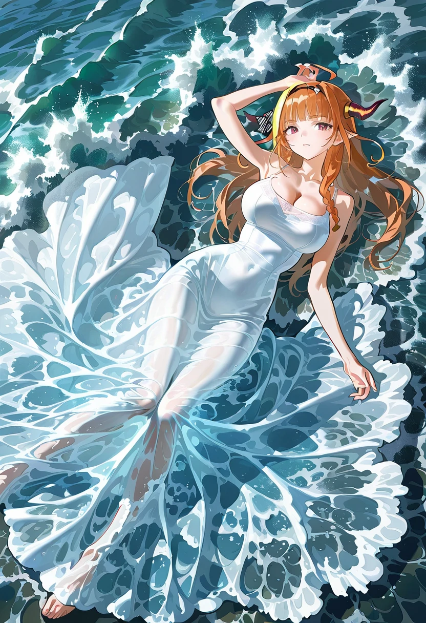 1girl,solo,looking at viewer,ikeda ruriko, water dress, waves, white dress, water, long dress, ocean, kiryu_coco,lying,