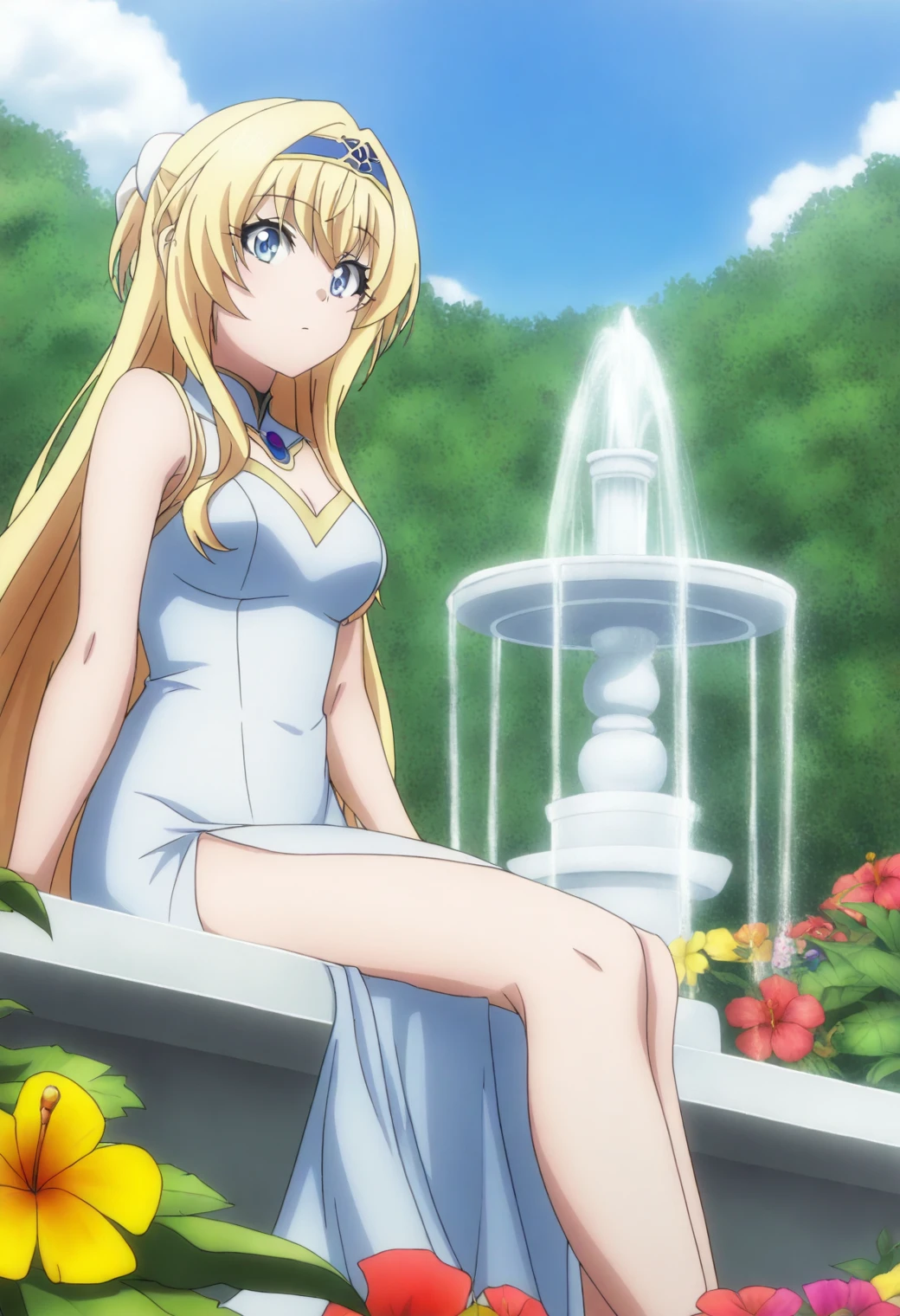 <lora:Priestess - [Goblin Slayer] - illustriousXL v1:1>, sysdeep_priestess, blue eyes, blonde hair, long hair, anime coloring, 1girl, solo, silk dress, tropical garden, sitting near fountain, tranquil atmosphere