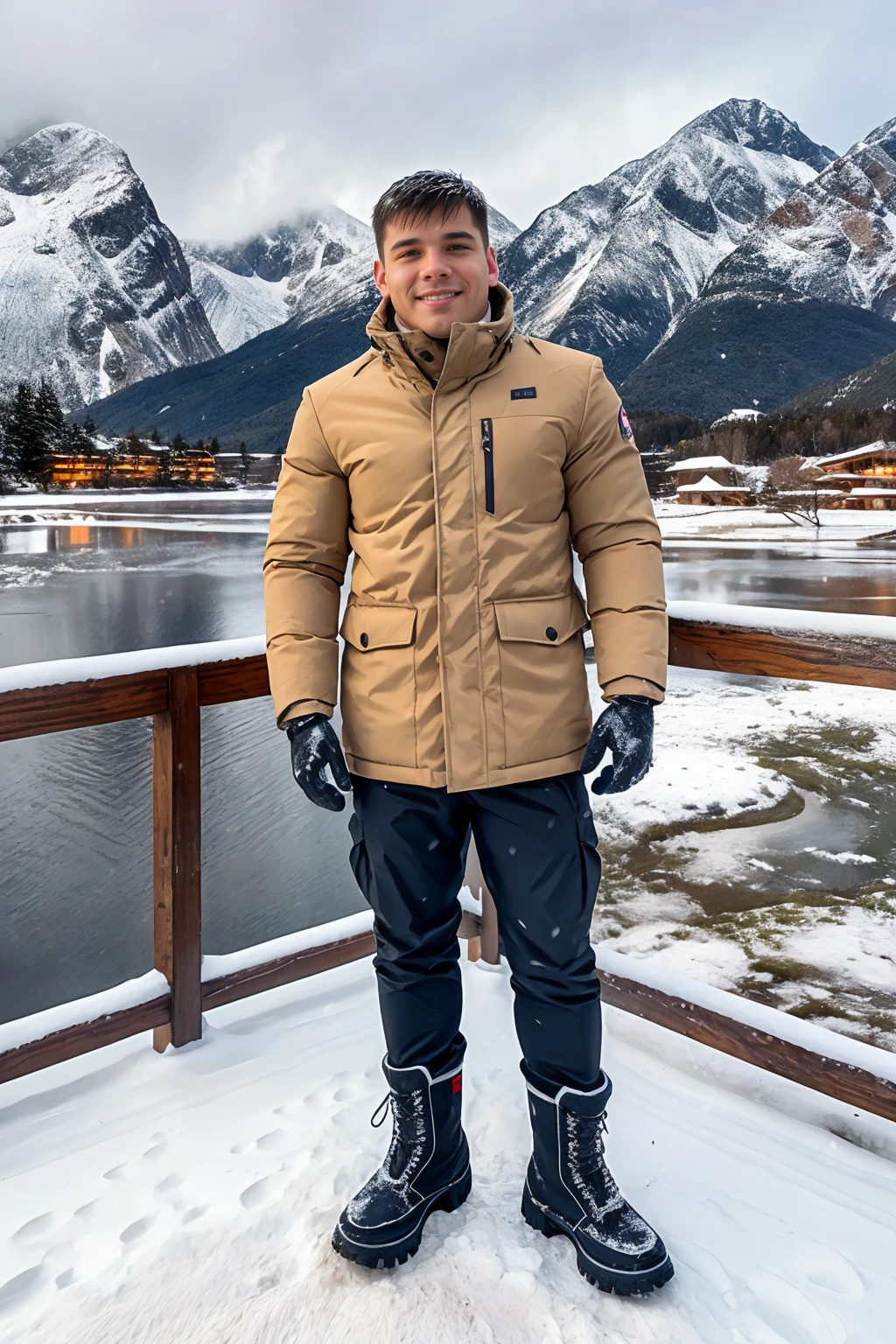 snowy mountain resort, mountains in the background, standing in snow, smiling, Opash, wearing a snow proof winter coat, waterproof pants, winter boots, gloves, (((full body portrait))), wide angle <lora:Opash:0.8>