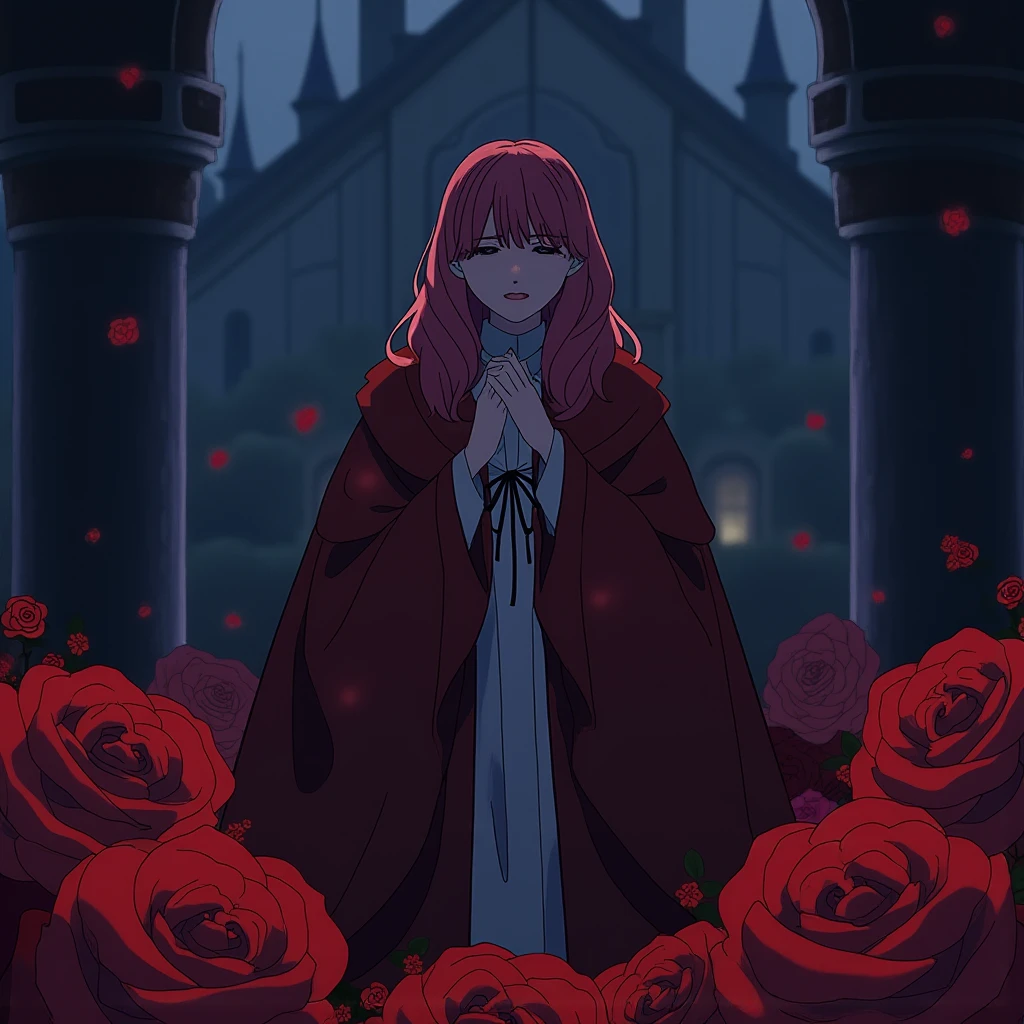 Yuki as a gothic vampire queen, standing in a dark castle with crimson roses around her