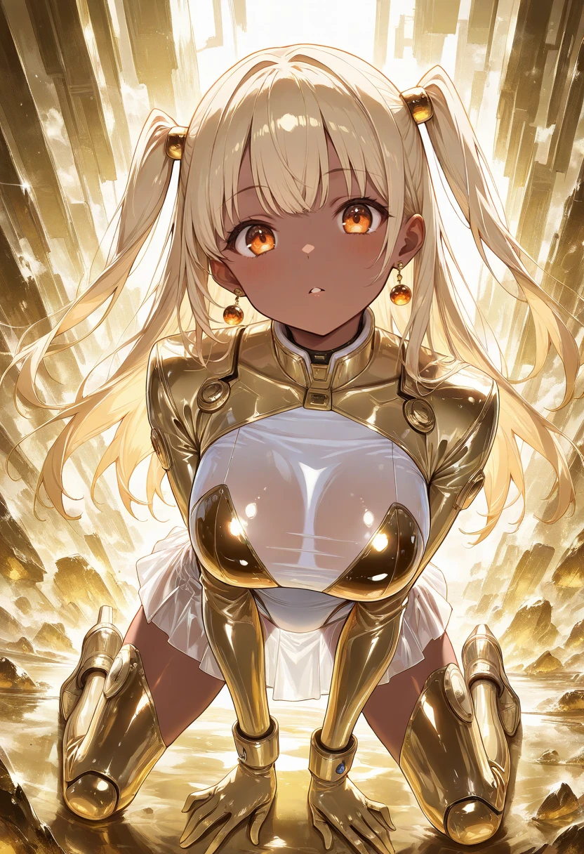 masterpiece, best quality, perfect anatomy, very aesthetic, ((outlined outlined vector graphics)),no norm, from above , looking at viewer , cute face, (glow eyes:0.8), looking at viewer, glittering, glimmering, gold theme, 1girl,20yo, (large breast:1.2), orange eyes, (blonde hair:1.3),long hair, (two side up:1.1), (dark skin:1.6), dark skin girl, (tall:1.2), (abs:0.7),bangs, jewelry, earrings, parted lips,, long sleeve, science fiction , arms behind back ,(clothed:1.4) ,silver suit, (gold clothes:1.2), body suit, metallic mercury suit, gold mercury suit, skirt <lora:mecury-metallic-suit-01:0.8>, see-through, transparent , all fours , , action pose <lora:metallic-mercury-il-01:1>