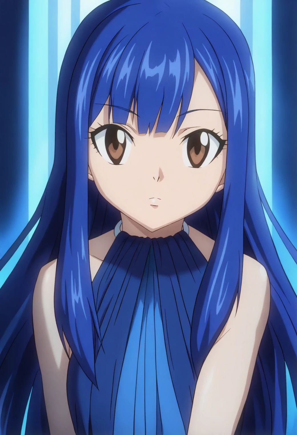 <lora:Wendy Marvell - [Fairy Tail] - illustriousXL v1:1>, sysdeep_wendy, long hair, blue hair, long hair, brown eyes, 1girl, solo, anime coloring, sapphire blue gown, glowing softly, walking through golden arches of light, calm gaze,