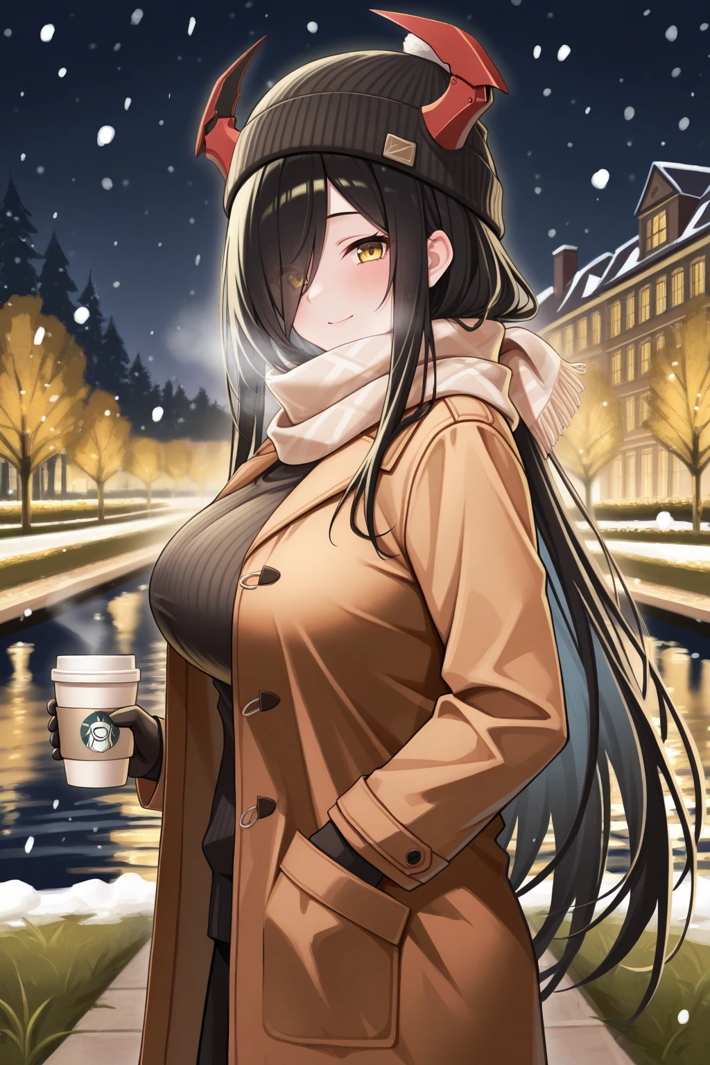 masterpiece, best quality, from side, looking at viewer, light smile, blush, 1girl, gr0ss3, large breasts, red mechanical horns, yellow eyes, black hair, hair over one eye, long hair, winter clothes, beanie, scarf, overcoat, jacket, hand in pocket, holding, coffee cup, outdoors, park, night, european architecture, river, tree, grass, snowing, <lora:Hoseki_AzurLane_FriedrichDerGrosse_IllustriousXL_v1:1>