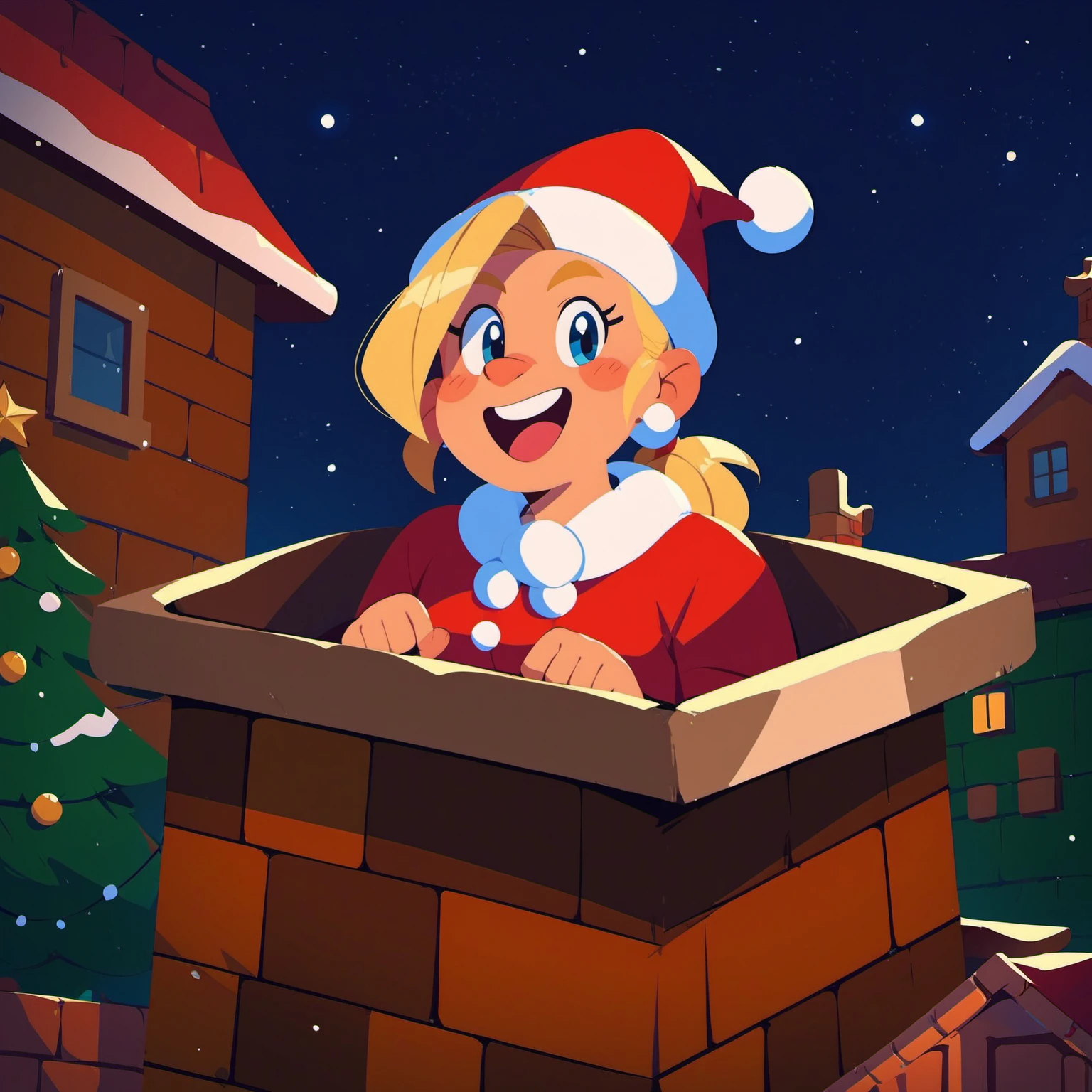 score_9, score_8_up, score_7_up, santa woman, santa in chimney, long blonde hair, blonde eyebrows <lora:santa_in_chimney_01_resized:1>