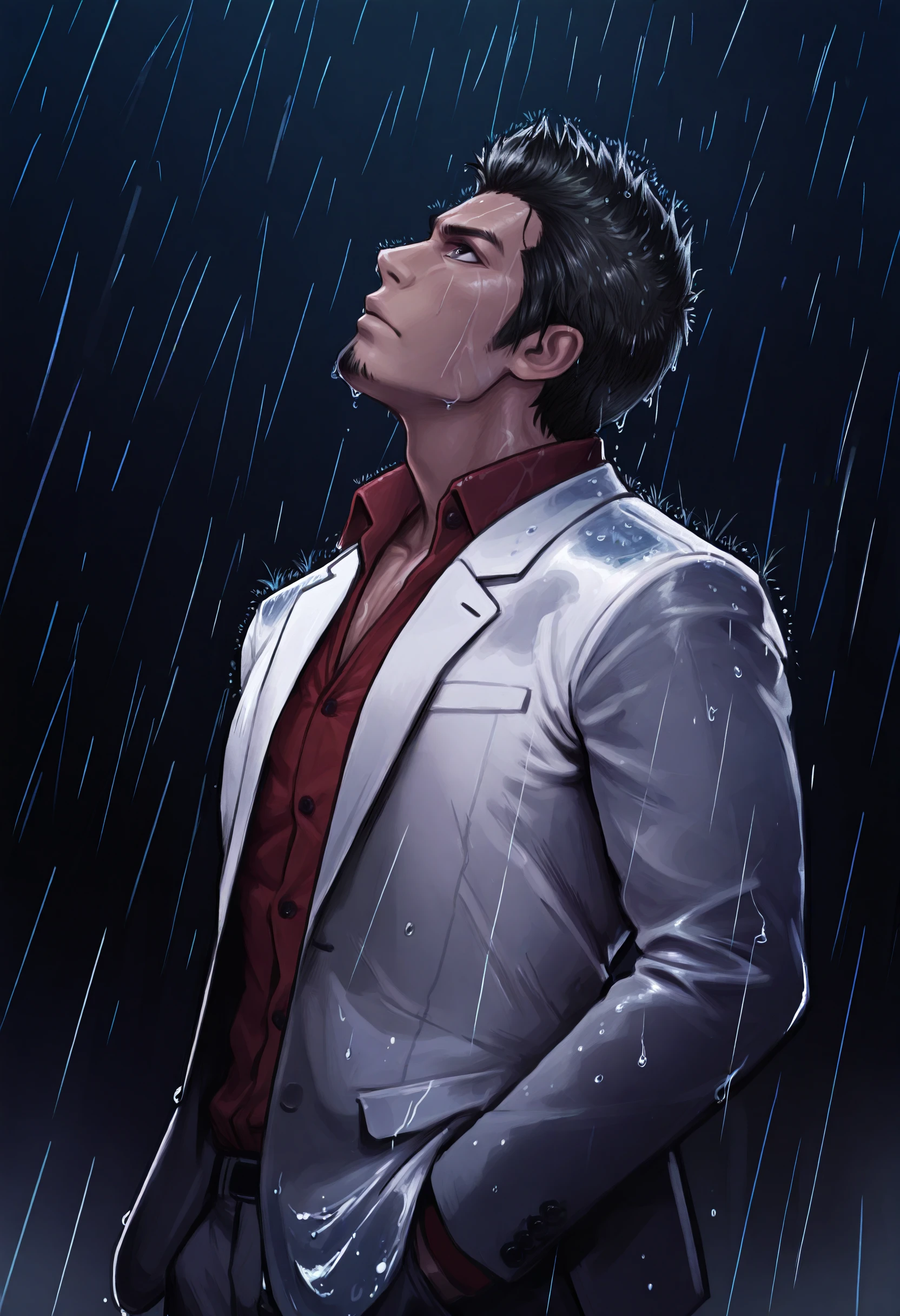 1boy, solo, male focus, looking up, rain, dark background, night, hands in pockets, profile, from side, upper body, facing up, 
<lora:KazumaKiryu-guy90-Illust-LoraV1:1> kazryu, black eyes, goatee, black hair, short hair, facial hair, red shirt, formal, collared shirt, suit, open clothes, white jacket, 
masterpiece, best quality