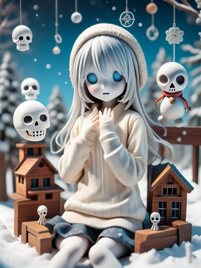 A skeleton Snowman. Sweater dress is hanging on the skeleton snowman hand with the background is winter outdoors House deck. skull, apostle