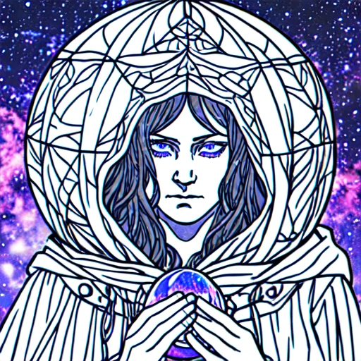 <lora:Moonlit_Minimalism:1> ArsMJStyle, Moonlit Minimalism, The image is a portrait of a young man wearing a black hooded cloak with a hood that covers his head. He is holding a crystal ball in his hands and appears to be in the process of casting it into the air. The man has long dark hair and is looking directly at the camera with a serious expression on his face. The background is dark and filled with stars and nebula giving the impression of a mystical and mystical atmosphere. The colors are vibrant and the overall mood of the image is intense and powerful., 1girl, solo, hood, blue eyes, black hair, looking at viewer, hood up, robe, upper body, realistic