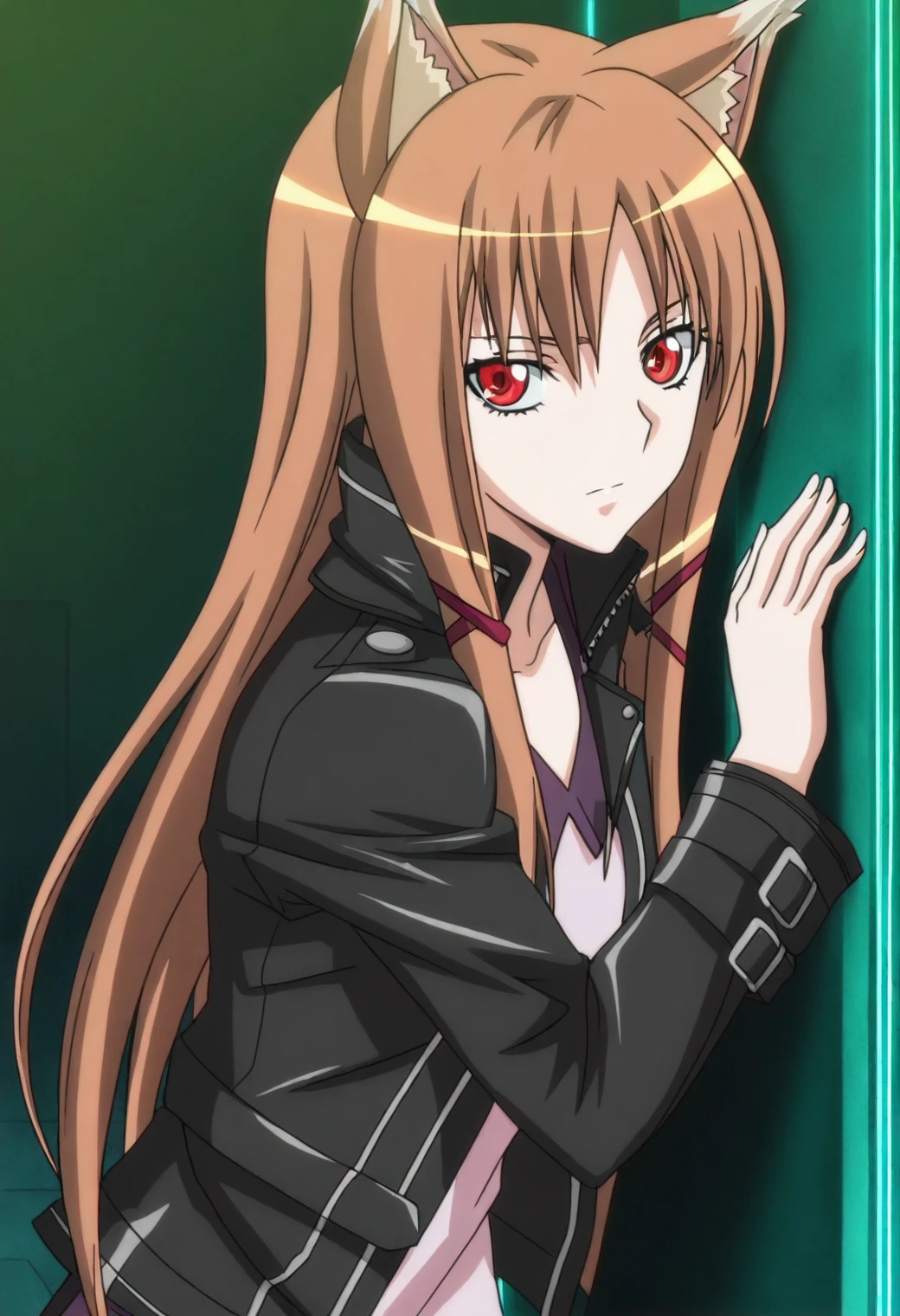 <lora:Holo - [Spice and Wolf] - illustriousXL v1:1>, sysdeep_holo, wolf ears, brown hair, red eyes, long hair, anime coloring, 1girl, solo, Neon-lit alleyway, leather jacket, leaning against wall, moody pose