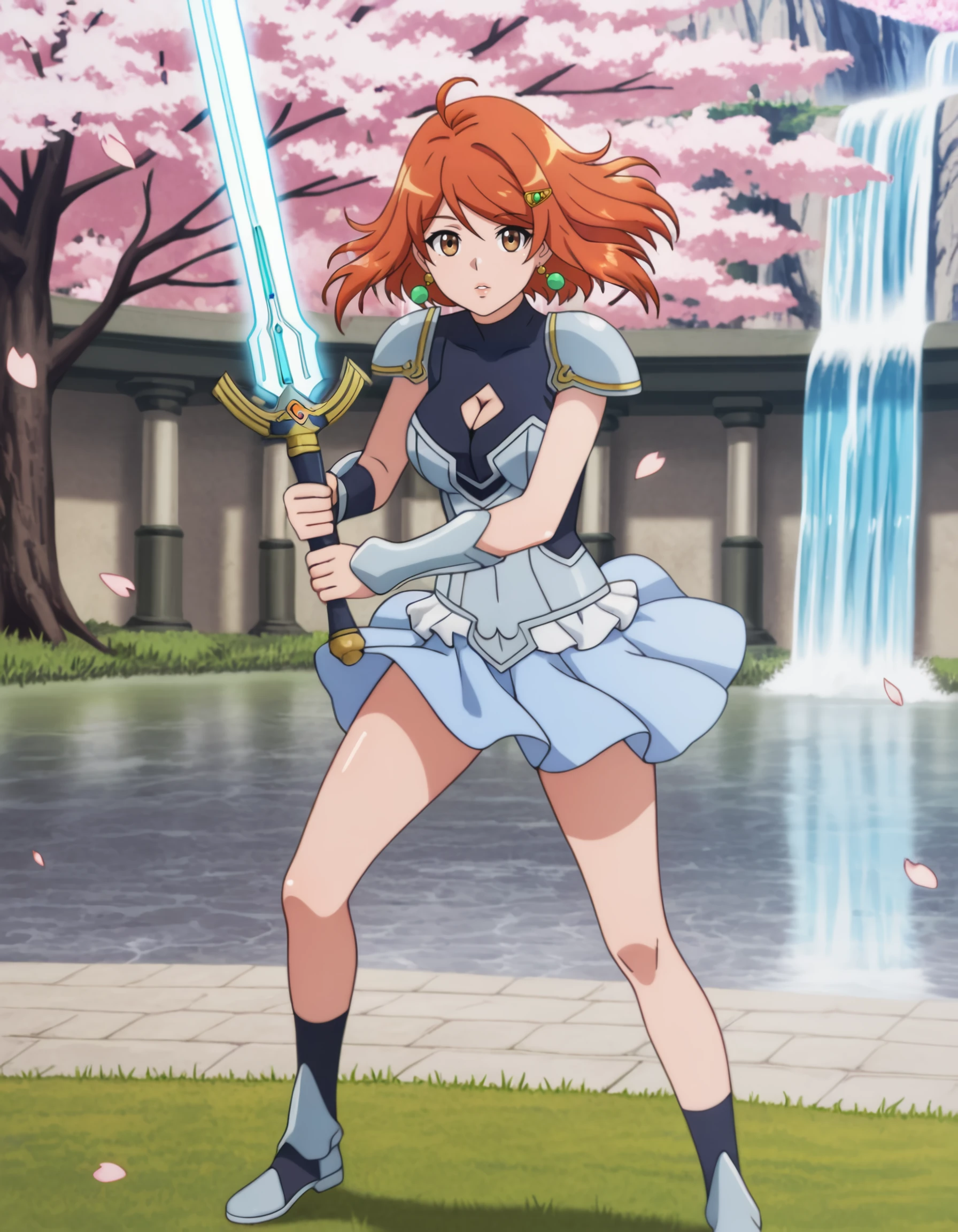 masterpiece, detailed, best_quality,  <lora:lorna_kirizas_il:1> lorna_kirizas, (cherry_blossoms:1.4), falling_petals, glowing_petals, motion_lines, short_hair, orange_hair, brown_hair, ahoge, hair_ornament, brown_eyes, hairclip, earrings, shoulder_armor, armor, cleavage_cutout, skirt, (wind, floating_hair, floating_clothes, shiny_skin, shiny_clothes) holding_sword, outdoors, waterfall, grass, standing, glowing_weapon,   looking_at_viewer, lips, parted_lips, pink_lips, pink_theme