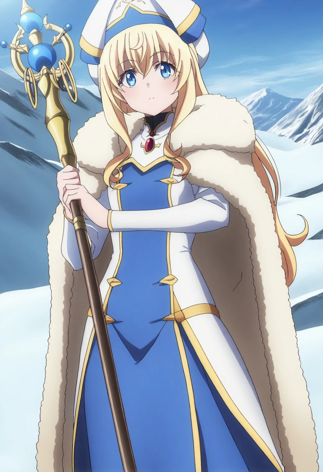 <lora:Priestess - [Goblin Slayer] - illustriousXL v1:1>, sysdeep_priestess, blue eyes, blonde hair, long hair, anime coloring, 1girl, solo, fur cape, mountain path, holding staff, mysterious glow