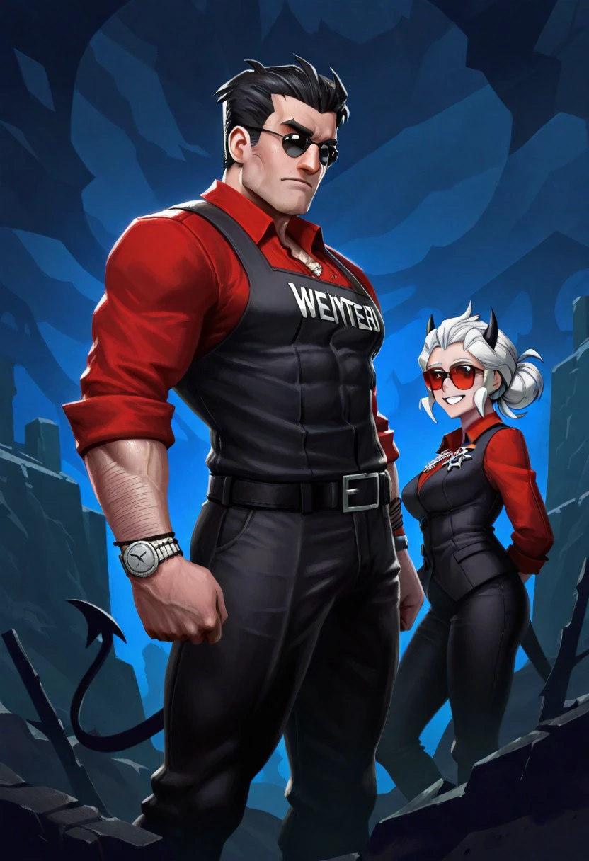 GwentstyleIL-V1.0, masterpiece, best quality, newest, absurdres, highres, GwentstyleIL-V1.0 1boy, helltaker \(helltaker\), sunglasses, glasses, black hair, short hair, muscular, muscular male