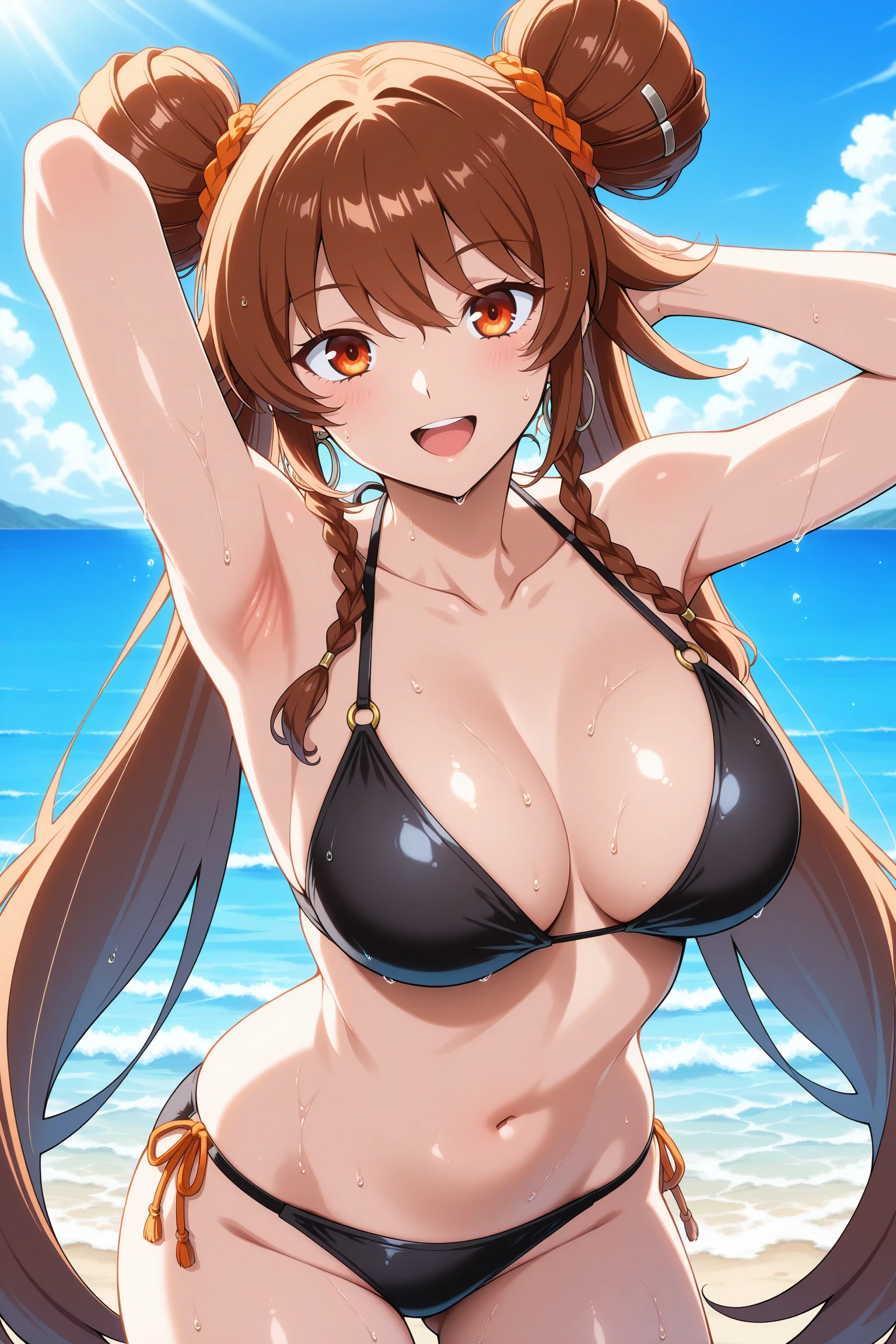 masterpiece, best quality, amazing quality, highres, absurdres, very aesthetic, high resolution, ultra detailed, perfect details, 1girl, solo, outdoors, ocean, blue sky, sunlight, medium breasts, nen master, very long hair, brown hair, double bun, twintails, orange hair tie, sidelocks, twin braids, orange eyes, jewelry, black bikini, <lora:Nen_Master_ILXL:0.8>, (aged up:1.8), (cowboy shot:1.1), looking at viewer, smile, (anime coloring:1.5), (anime screencap:1.5), open mouth, wet, (pose:1.2)