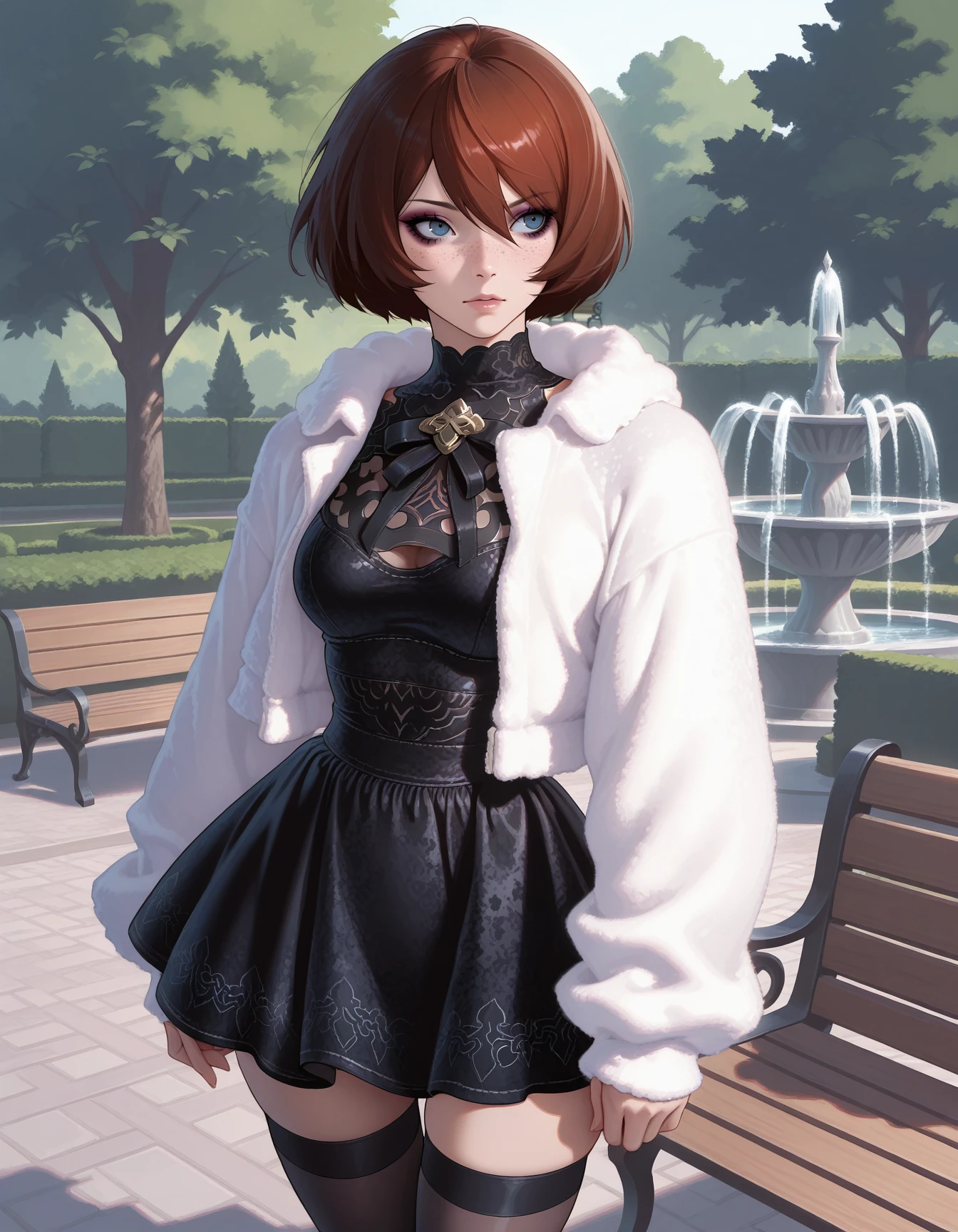 (ilya kuvshinov:0.7) 2B \(Nier Automata\) 1girl, solo, wearing black  crushed velvet dress, lace, fuzzy jacket,  jewelry, eyeliner, eyeshadow, makeup, (freckles) <lora:CVDressLR-ILXL2024-12-25_19-00-10-save-315-45-0:0.9>, outdoors, fountain, garden,  park bench, thighhighs, zettai ryouiki, cowboy shot masterpiece, best quality, very aesthetic, newest