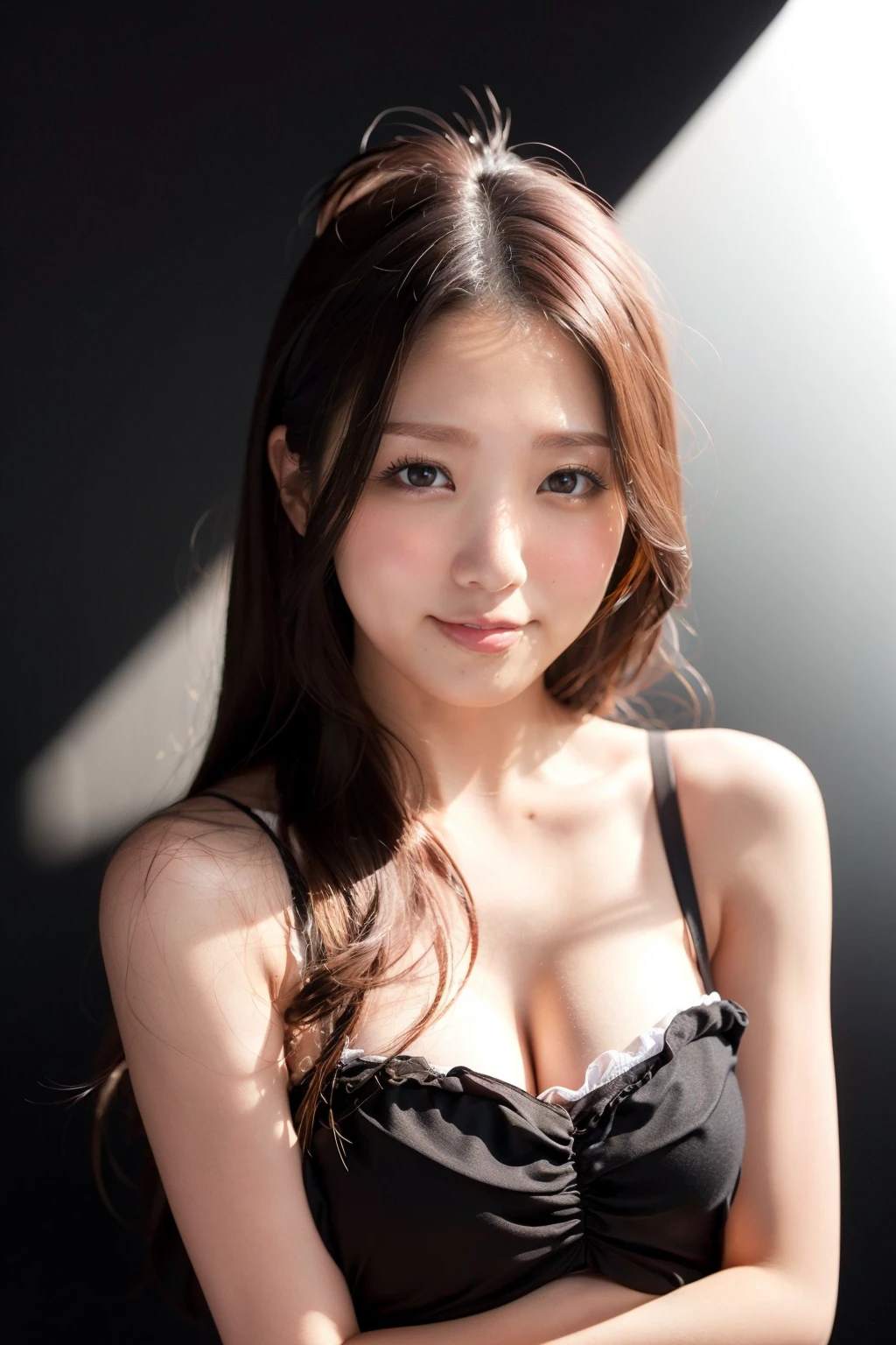 <lora:ayaka-tomoda_kk:0.9>,1girl,smile,asian,brown eyes,breasts,black hair,lips,long hair,looking at viewer,sundress,realistic,solo,upper body ((black background, simple background)), ayaka-tomoda,