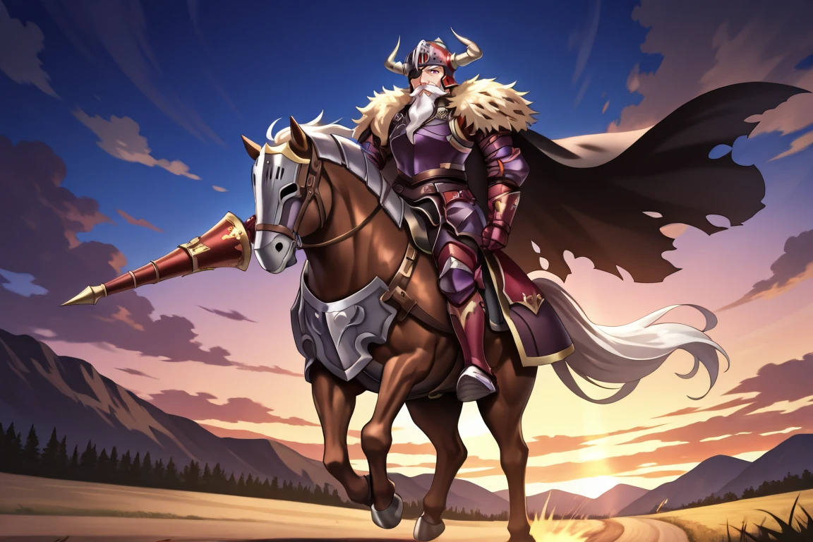 <lora:BaldusIL:0.8> , BldsDef, 1boy, one-eyed, eyepatch, purple eyes, white hair, beard, facial hair, mustache, horns, helmet, horned helmet, fake horns, armor, greaves, gauntlets, fur pauldrons, fur shawl, black cape, cape, torn cape, old, old man, horseback riding, armored horse, riding, horse, road, holding lance, battlefield, clouds, exterior, background (solo), masterpiece, very aesthetic, absurdres, best quality, amazing quality, high resolution, detailed background,