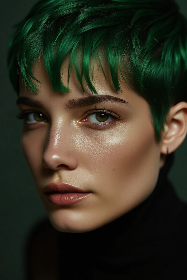 portrait inspired by Peter Lindbergh's photographic style, a brunette pixie cut hair woman with green hair highlights looking directly into the camera with an intimate and deep expression.,halseyflx