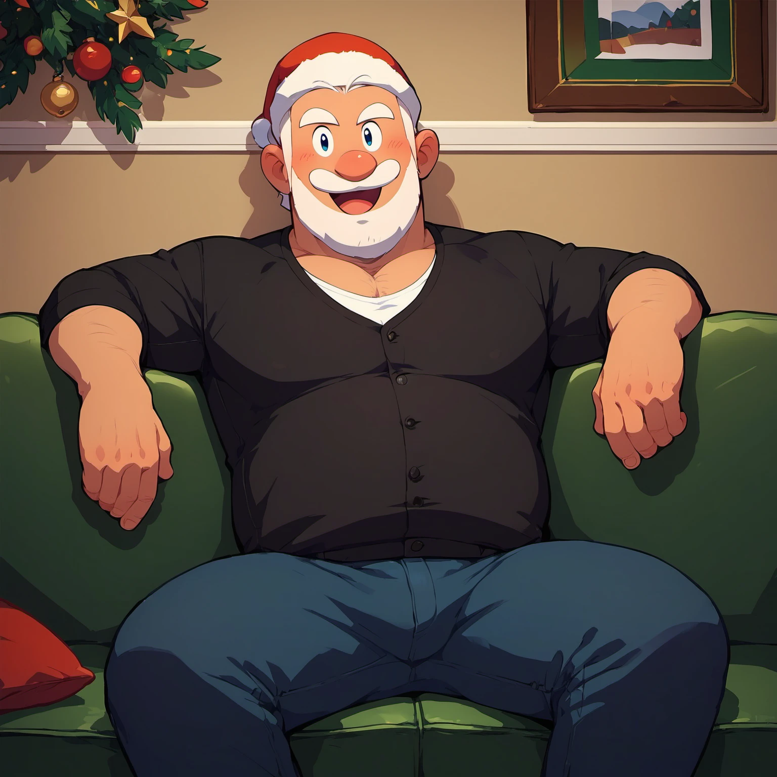 score_9, score_8_up, score_7_up,  santa man, white shirt, sitting on couch, indoors, looking at viewer, black shirt, pants, relaxed <lora:santa_in_chimney_01_resized:1>