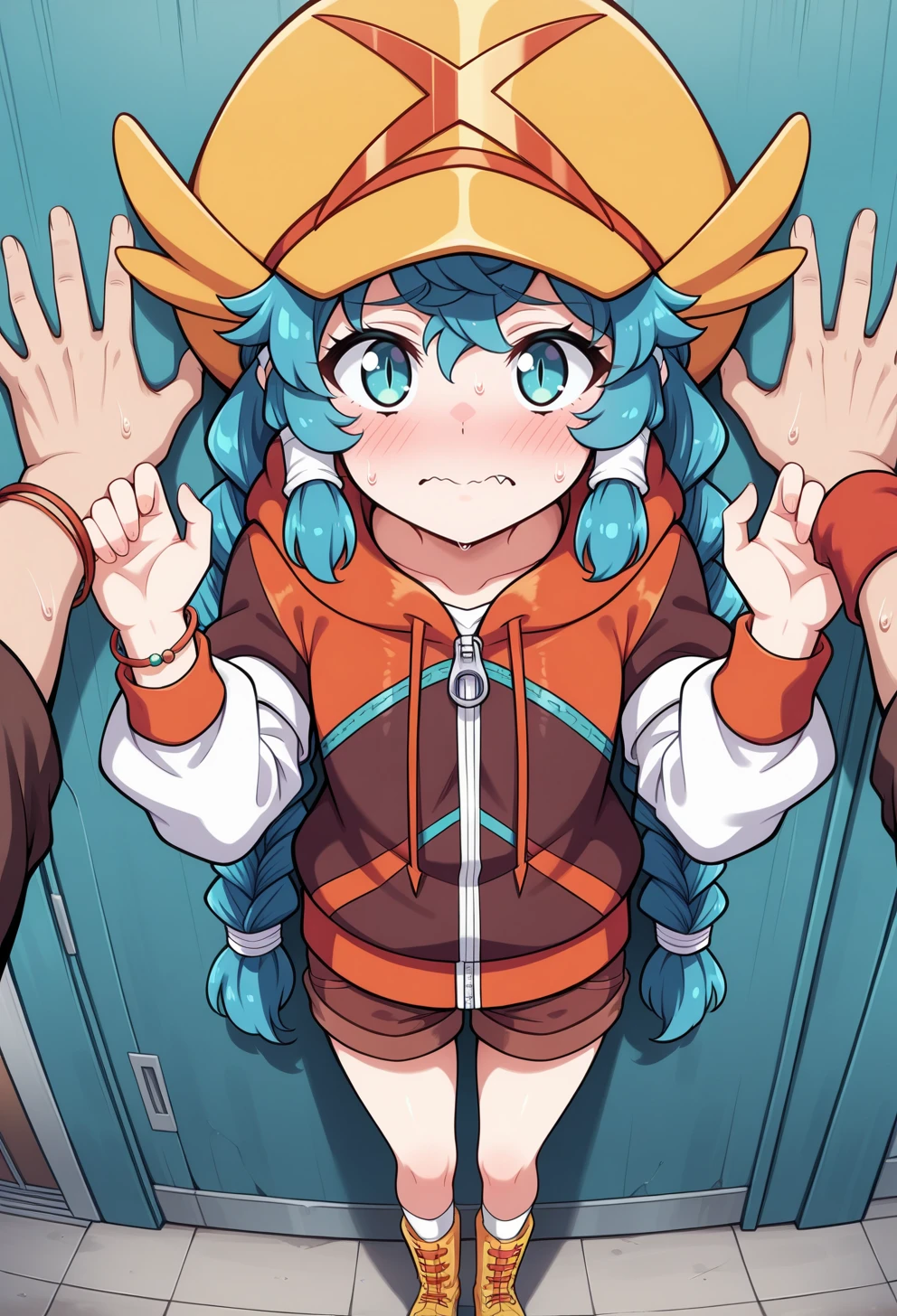 masterpiece, best quality, high quality, anime, <lora:AEMelIllx:1>AEMel, aqua eyes, slit pupils, blue hair, twin braids, sidelocks, hair tubes, very long hair, yellow hat, Brown hoodie, layered sleeves, short over long sleeves, white sleeves, zipper, bracelet, Orange wristband, Brown shorts, White socks, yellow boots, fang out,against wall, pov, kabedon, looking at viewer, nervous sweating, blush, open mouth, wavy mouth, hands up, from above,