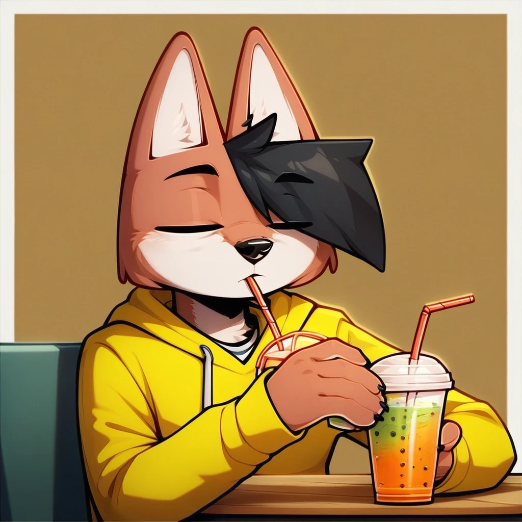 black hair, lisris, solo, drinking straw, yellow hoodie, animal ears, formal, hoodie, food, furry male, simple background