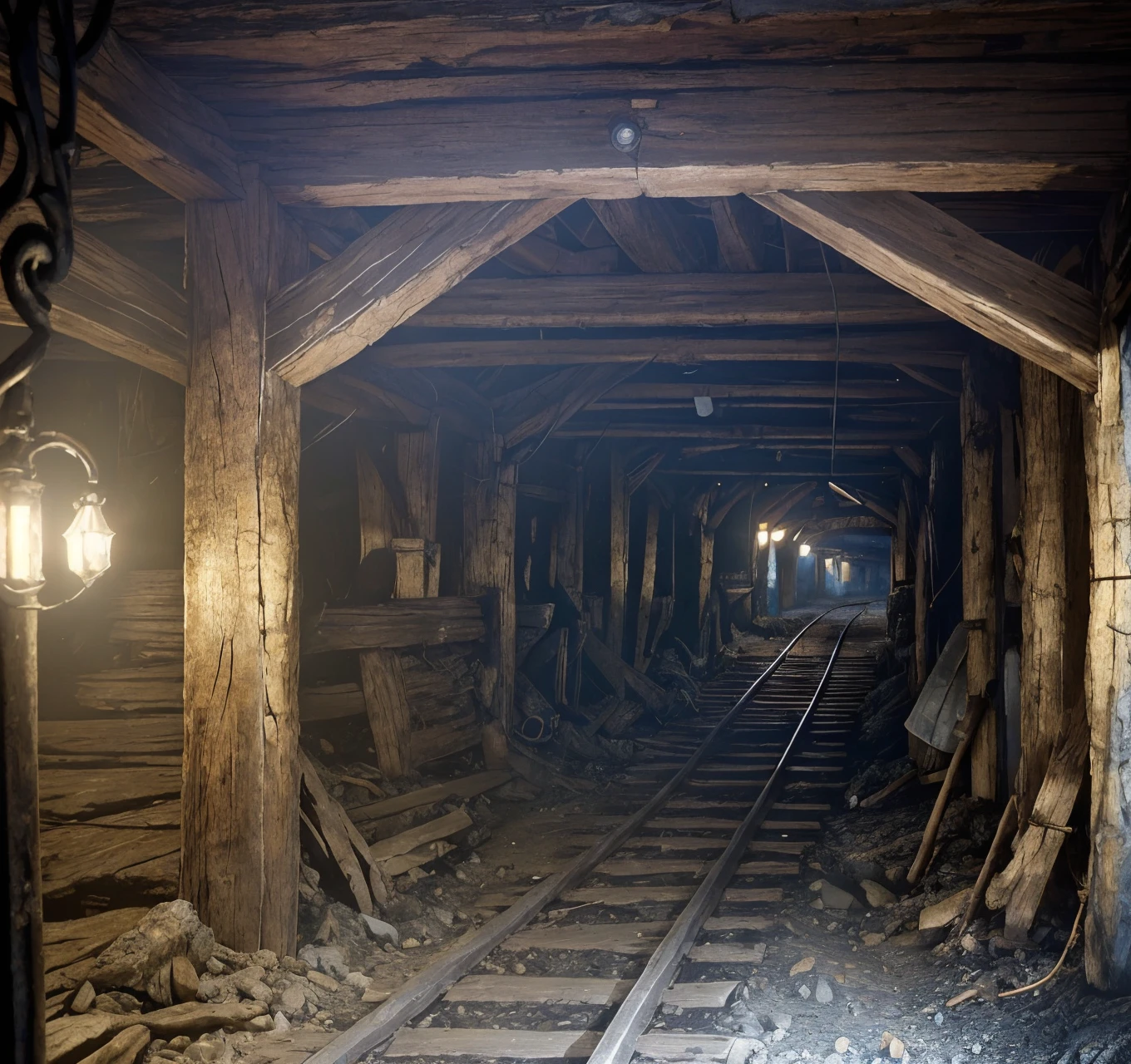 RAW photo, (masterpiece:1.3), subsurface scattering, heavy shadow, (high quality:1.4), (intricate, high detail:1.2), professional photography, HDR, High Dynamic Range, realistic, ultra realistic, photorealistic, high resolution, film photography, ambient lighting, atmospheric effects, <lora:detail_slider_v4:2>, OverallDetail, <lora:Underground_Mine:1>, crystal, light rays, mine, no humans, ruins, scenery, torch, tracks, underground, undmi, epiCPhoto