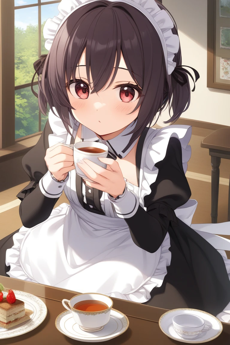 "anime girl, 1 person, dark brown hair, ponytail, ponytail, holding serving tray, brown eyes, lollipop in mouth, maid, maid ta,lolibig breasts, blushing, solo, front view, (full HD 4K+ image )"