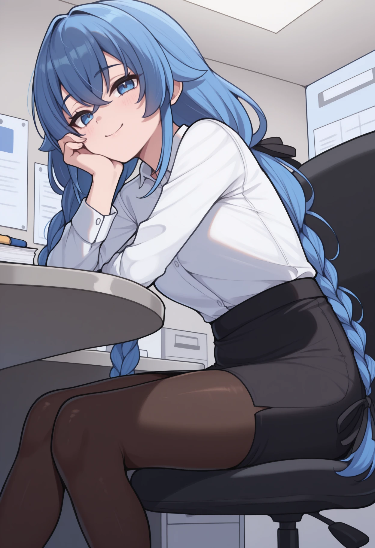 masterpiece, best quality, feet out of frame, solo, 1girl, rxmg, smile, looking at viewer, sitting, office chair, head rest, blue hair, hair between eyes, crossed bangs, twin braids, hair ribbon, black ribbon, blue eyes, white shirt, collared shirt, long sleeves, black skirt, pencil skirt, black pantyhose, indoors, office, table, cubicle
<segment:yolo-Anzhc Face seg 640 v2 y8n.pt,0.4,0.5//cid=1>