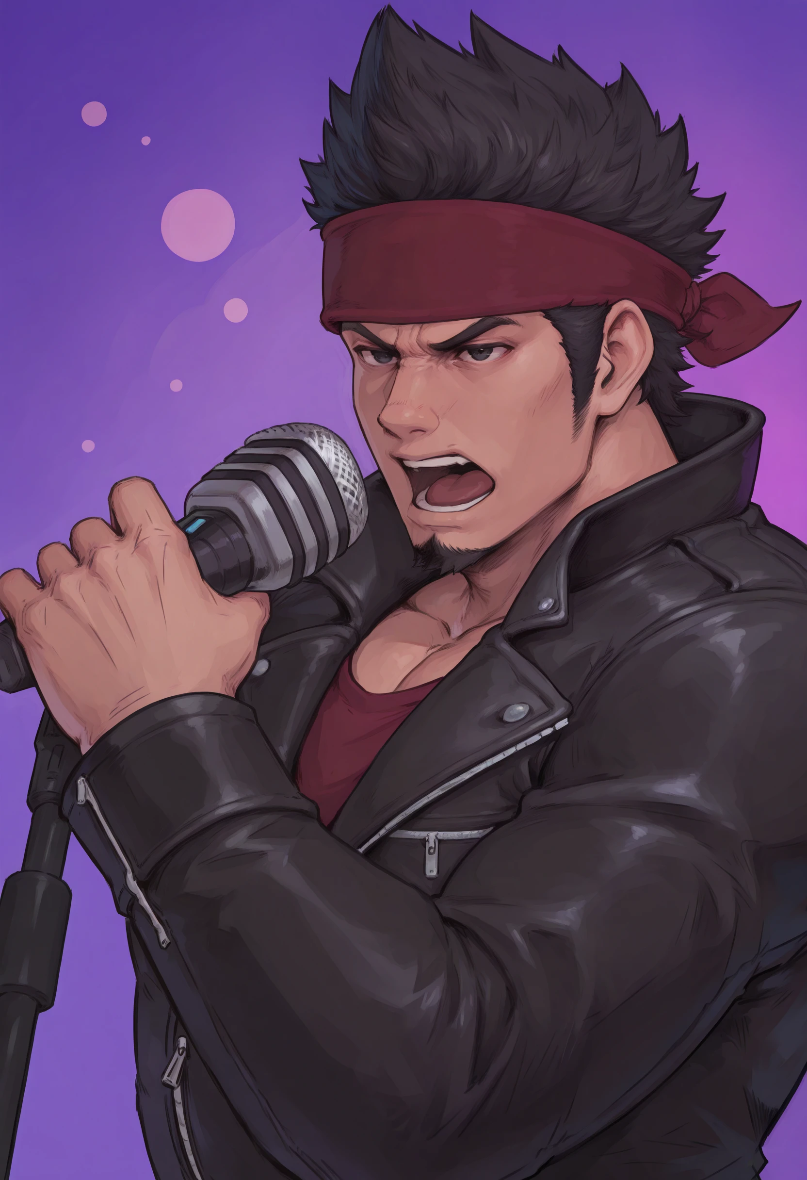 1boy, solo, male focus, karaoke, holding microphone, singing, black leather jacket, red headband, purple background, microphone stand, upper body, 
<lora:KazumaKiryu-guy90-Illust-LoraV1:1> kazryu, black eyes, goatee, black hair, short hair, facial hair, 
masterpiece, best quality