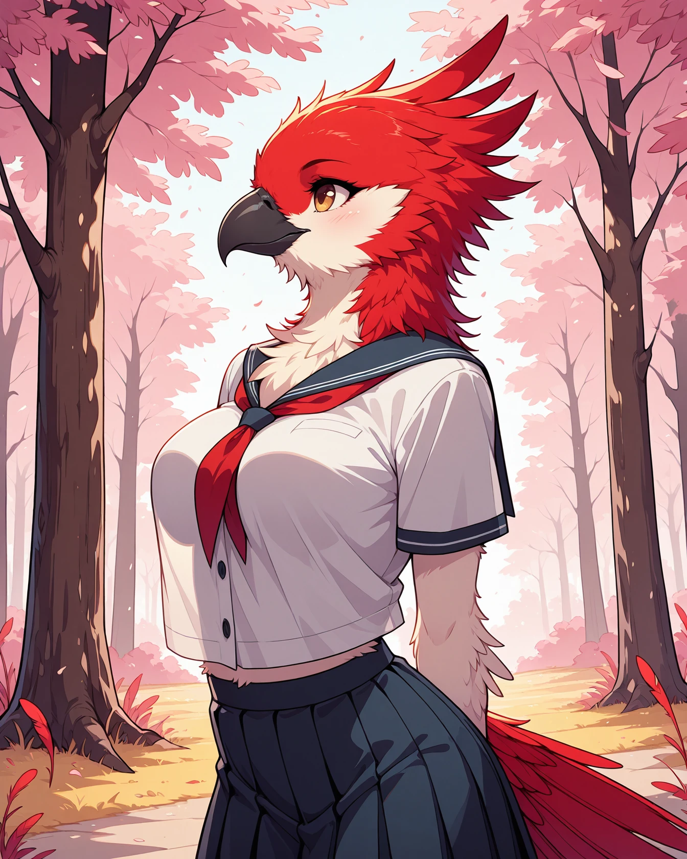 masterpiece, best quality, 1girl, solo, megafeathery, feathers, feathery, bird anthro, avian, beak, chicken anthro, school uniform,  solo, female, outdoors, trees, medium breasts,   , <lora:Mega_Feathery_for_Illustrious_XL:1>