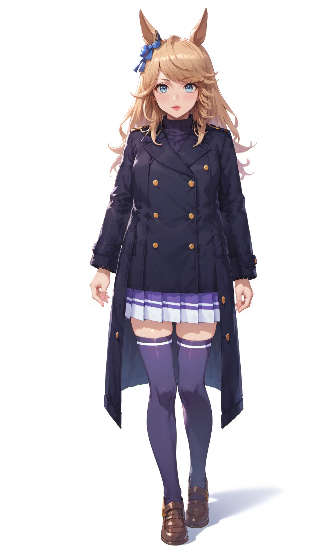 simple background,white background,GCwinterCoat,horse girl,tracen winter coat,dark blue coat,blue ear ornament,double-breasted,purple pleated skirt,purple thighhighs,brown footwear,
score_9,score_8_up,score_7_up,game_cg,anime,source_anime,masterpiece,best quality,highres,absurdres,solo,umamusume,game cg,standing,full body,front view,from front,looking at viewer,
<lora:GoldCityPonyExtraV1:0.88>,