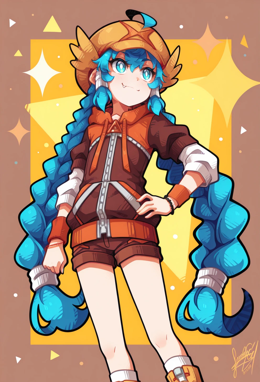 masterpiece, best quality, high quality, anime, <lora:AEMelIllx:1>AEMel, aqua eyes, slit pupils, blue hair, twin braids, sidelocks, hair tubes, very long hair, yellow hat, Brown hoodie, layered sleeves, short over long sleeves, white sleeves, zipper, bracelet, Orange wristband, single wristband, Brown shorts, White socks, yellow boots, fang out, <lora:AESTYLES:1.35> white pupils,