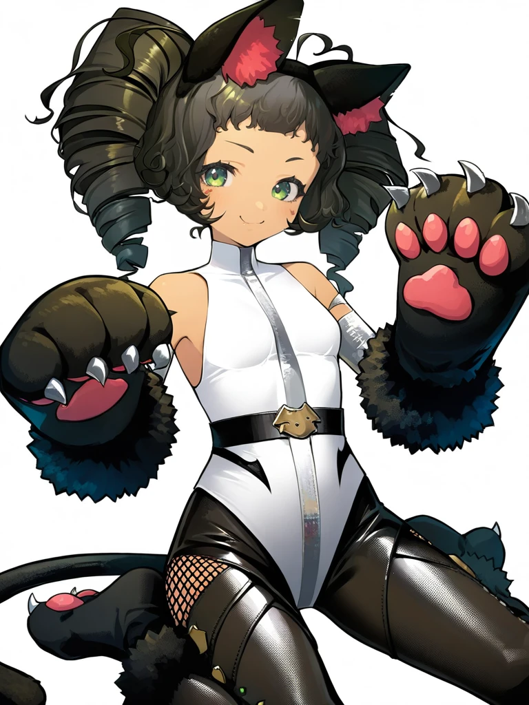 ,catkanjira,1girl,solo,animal ears,tail,drill hair,cat ears,cat tail,animal hands,green eyes,leotard,animal ear fluff,looking at viewer,black hair,gloves,cat girl,ahoge,fur trim,twin drills,smile,bangs,closed mouth,simple background,white background,wariza,<lora:kanjira-a:1>, masterpiece, best quality, very aesthetic, absurdres